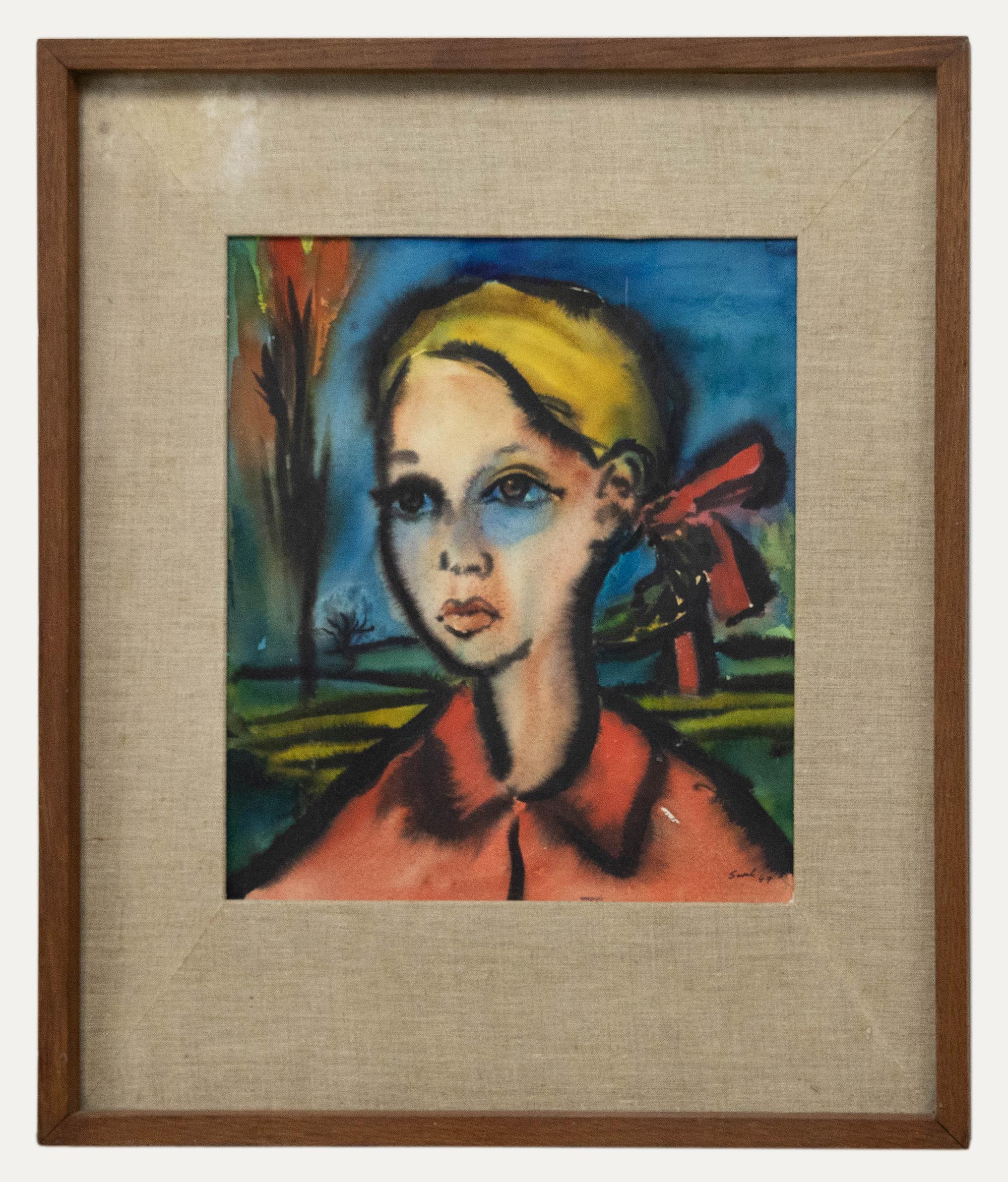 Unknown Portrait – Sovek - 1949 Aquarell, Mädchen mit roter Schleife