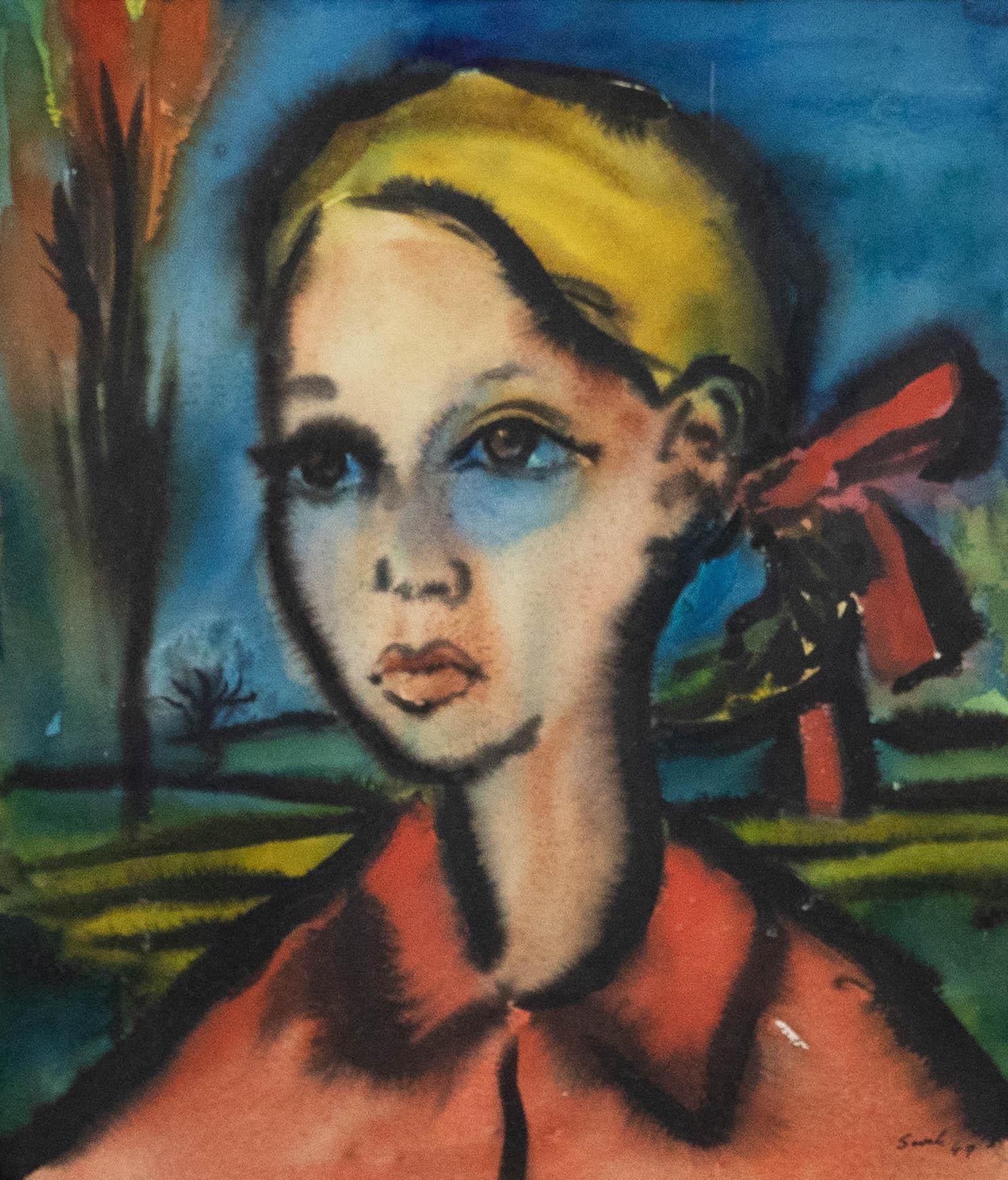 Sovek - 1949 Aquarell, Mädchen mit roter Schleife – Art von Unknown