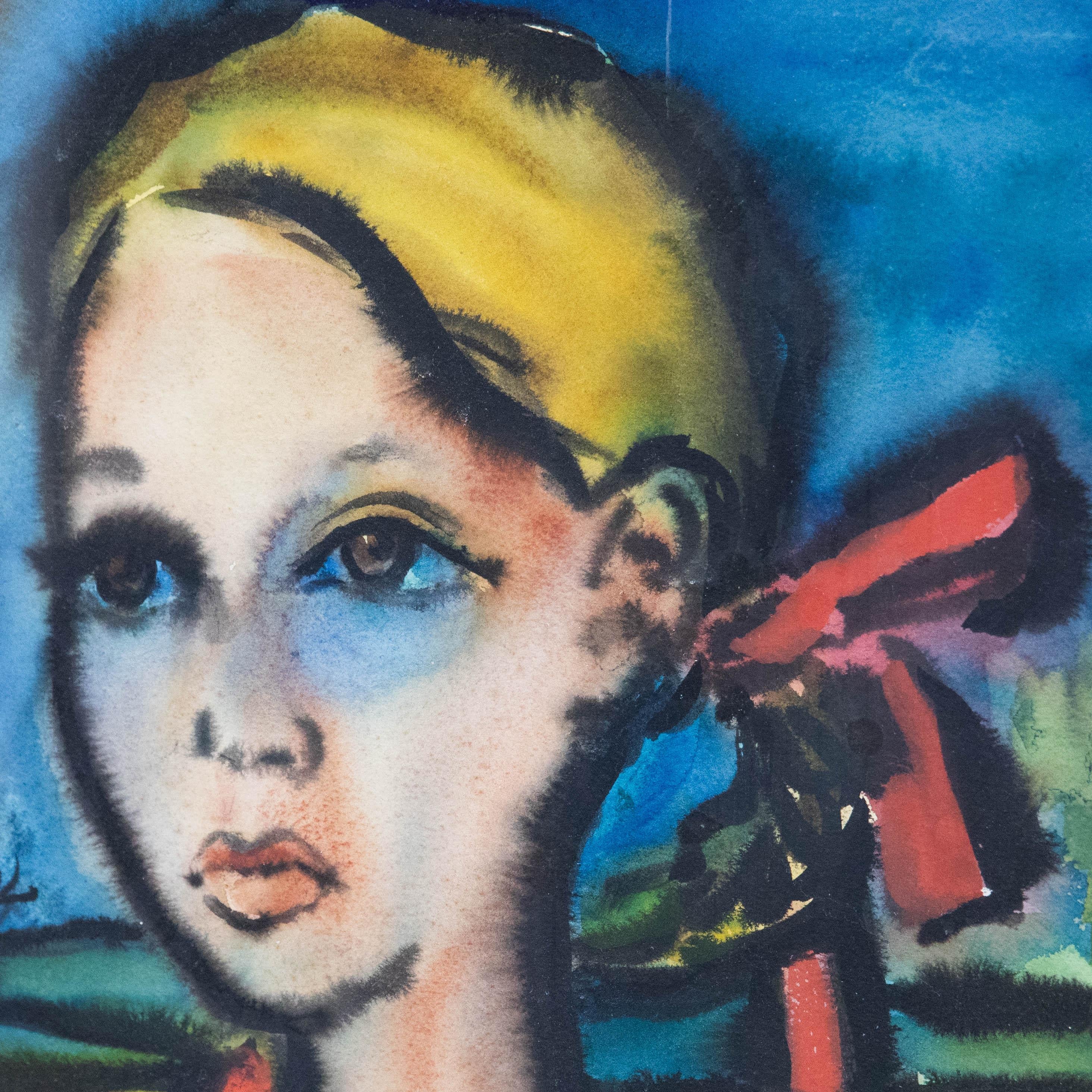 Sovek - 1949 Aquarell, Mädchen mit roter Schleife im Angebot 1
