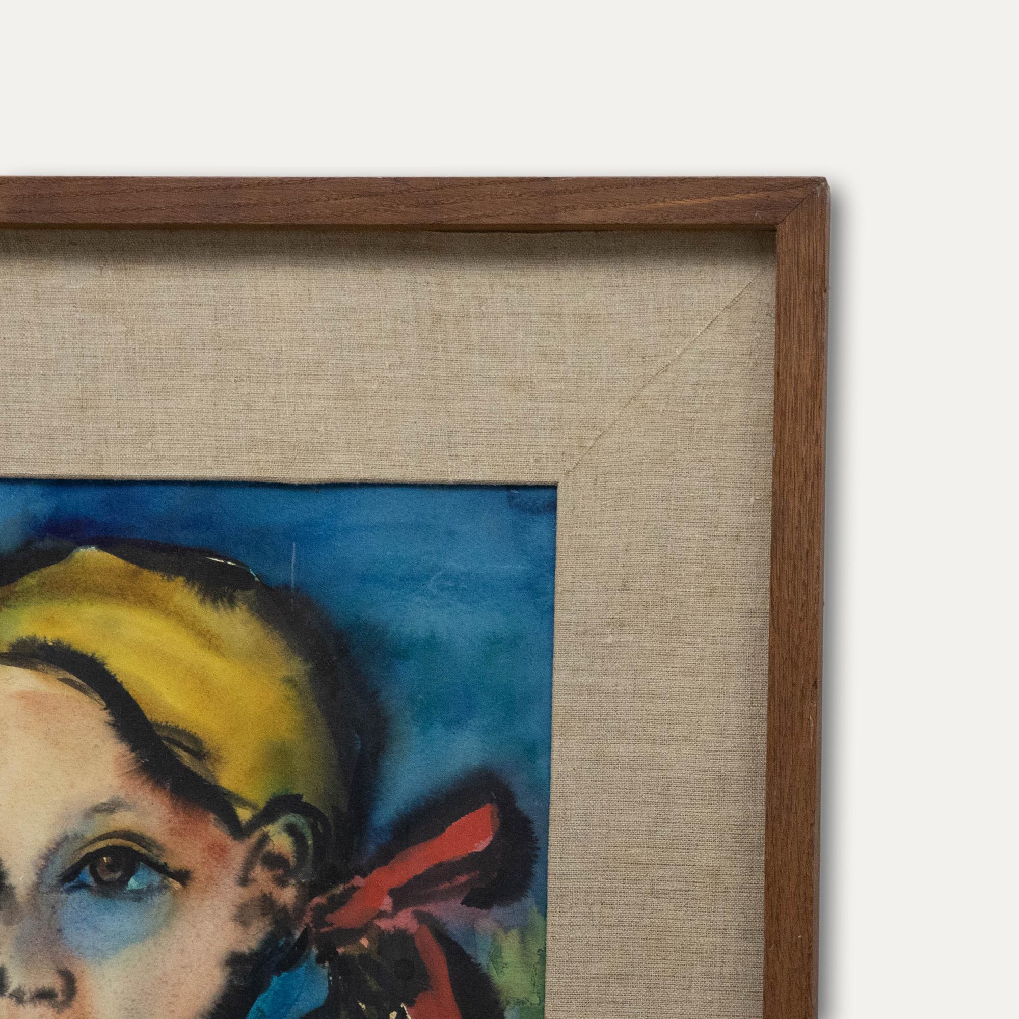 Sovek - 1949, aquarelle, fille avec le nœud rouge en vente 2