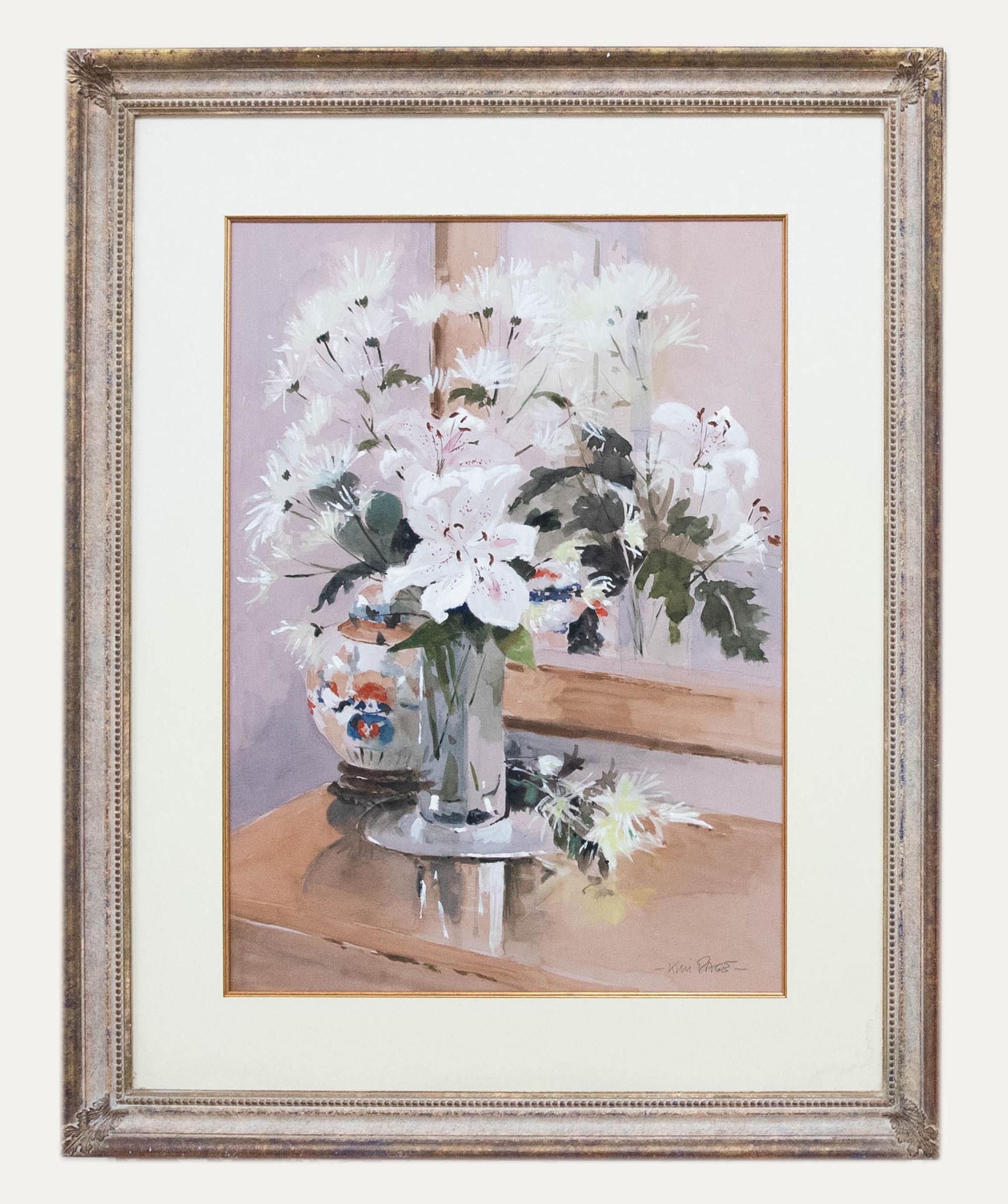 Unknown Still-Life – Kim Page - Gerahmtes zeitgenössisches Aquarell, Stillleben mit weißen Lilien