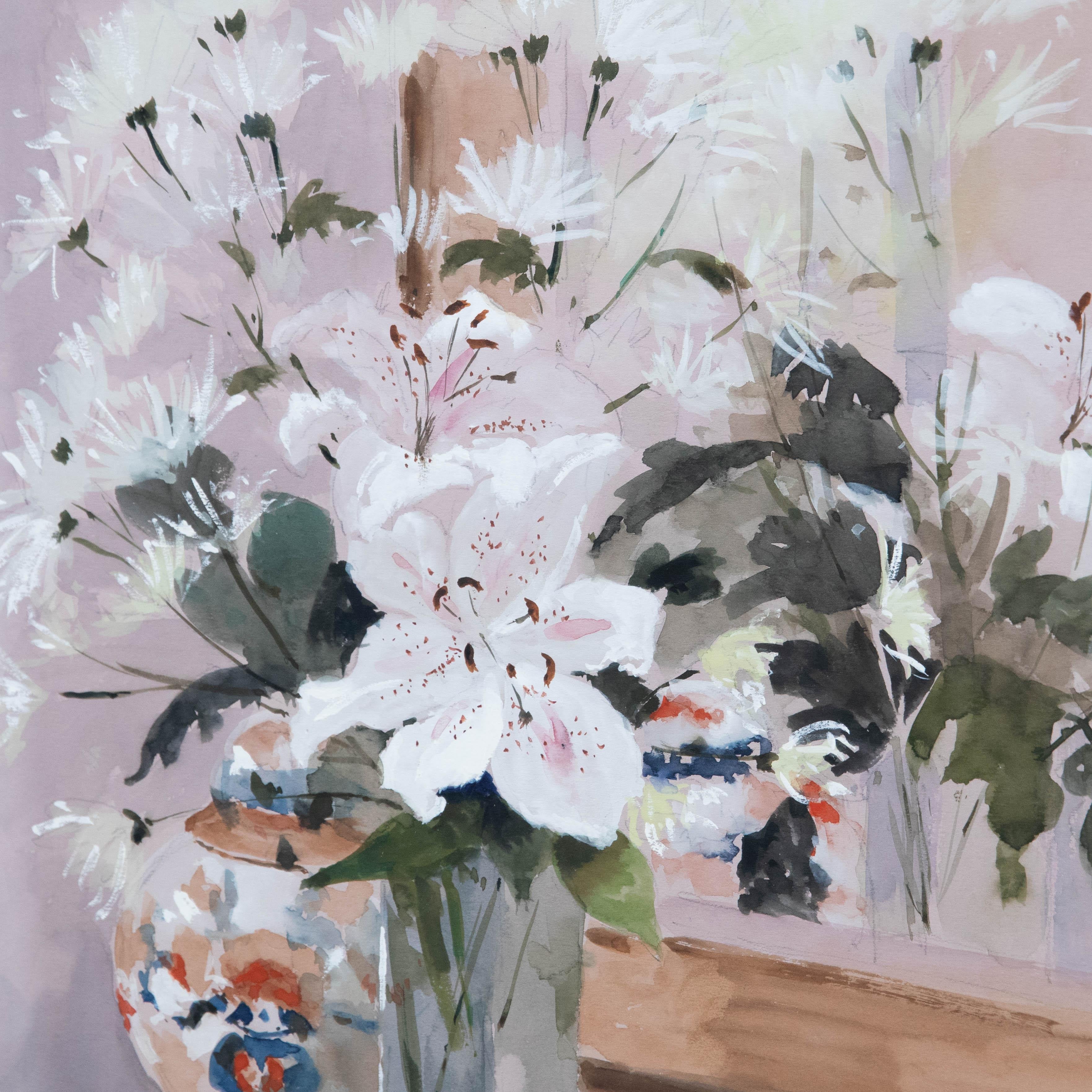 Kim Page - Gerahmtes zeitgenössisches Aquarell, Stillleben mit weißen Lilien im Angebot 1