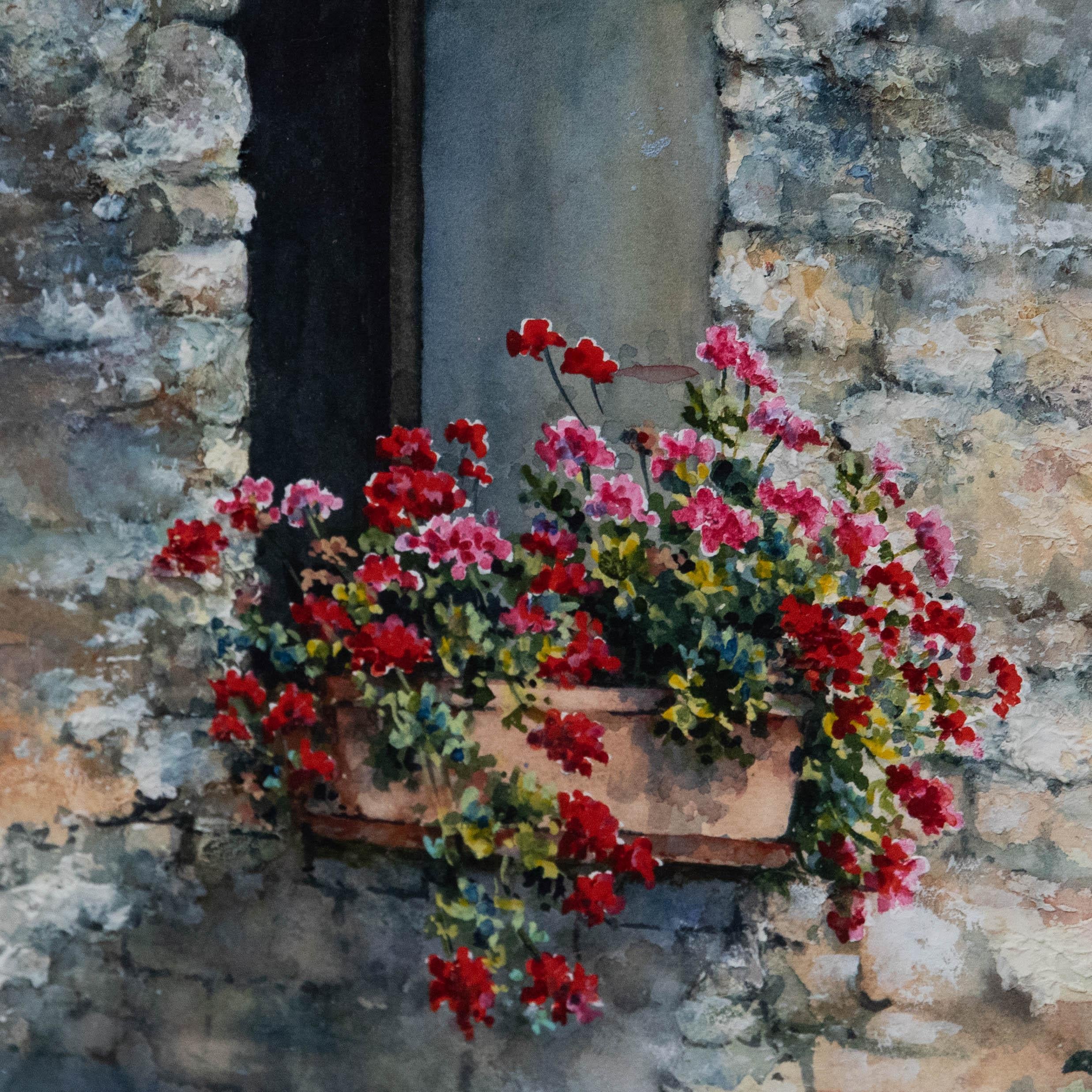 Margaret Eggleton SWA - Contemporary Watercolour, Geraniums at the Window For Sale 1
