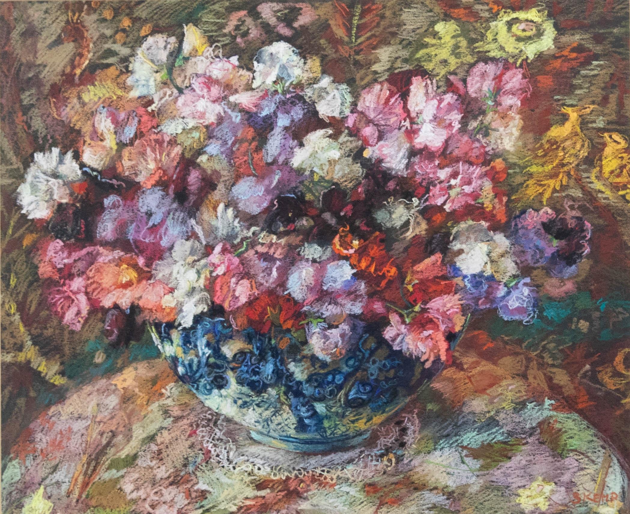 Susan Kemp - Gerahmte pastellfarbene, süße Pfaue, 20. Jahrhundert, gerahmt – Art von Unknown