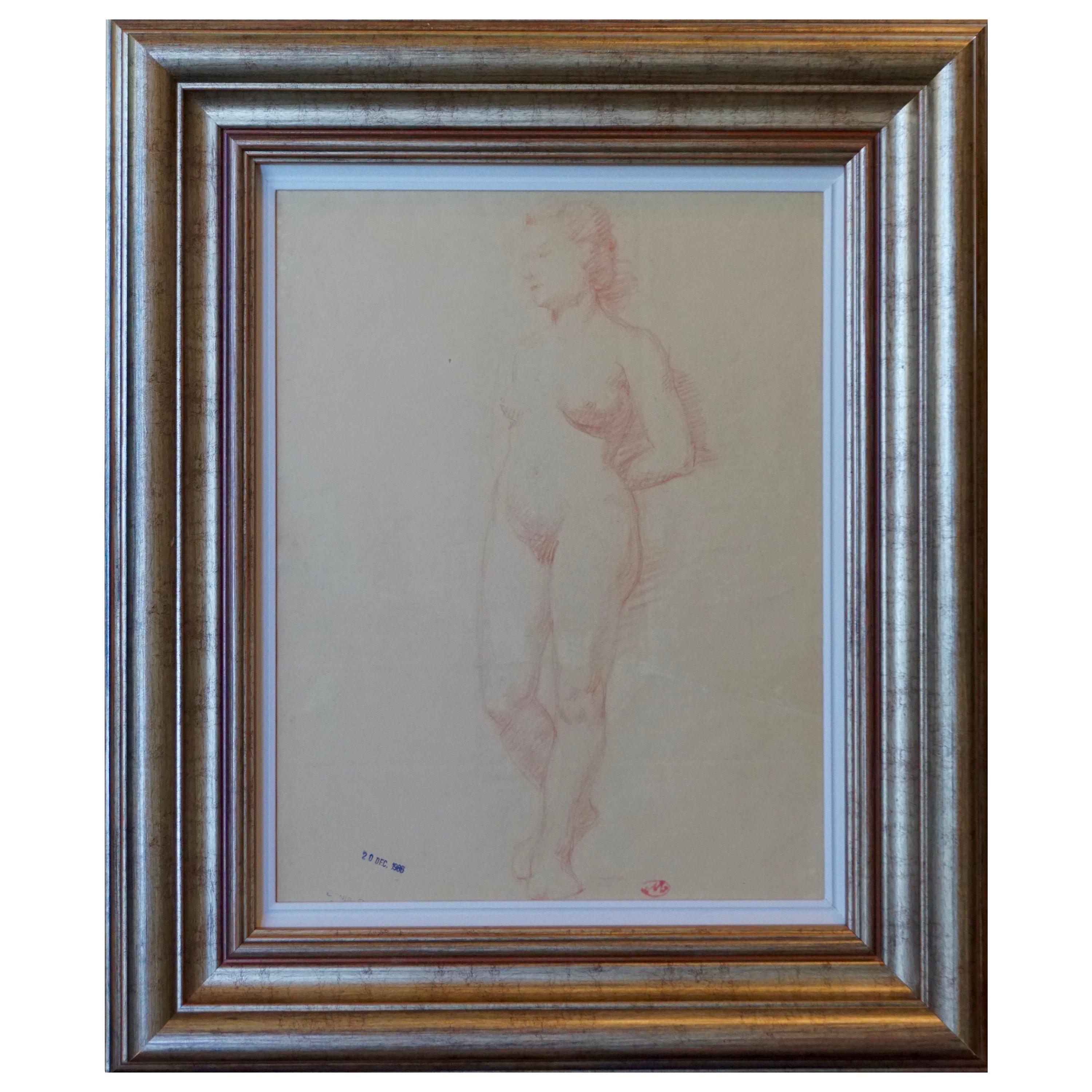 Aristide Maillol (Fr, 1861-1944) 

A very large original sanguine drawing by Aristide Maillol with a past Drouot Paris auction stamp on LL and Aristide Maillol’s stamped monogram “M” LR. The female figure posing nude standing frontal with arms