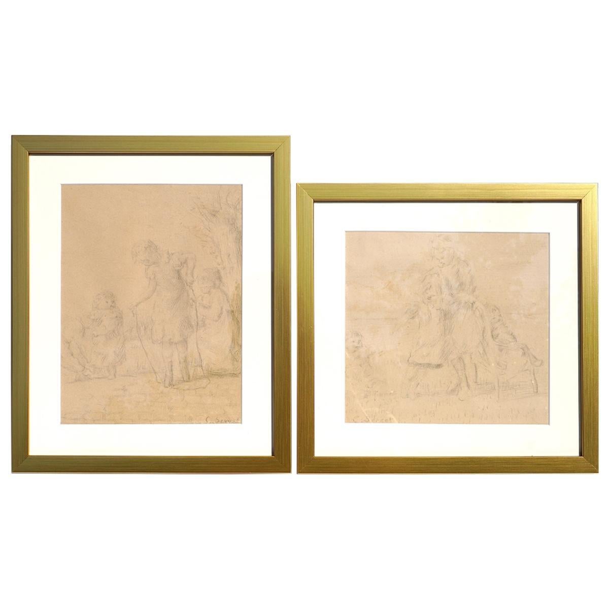 Unknown Portrait - Charles Emmanuel Serret 'FR 1824-1900' Two Drawings of Children Playing