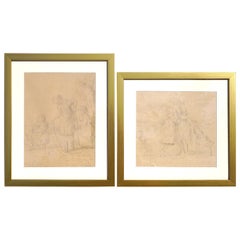 Antique Charles Emmanuel Serret 'FR 1824-1900' Two Drawings of Children Playing