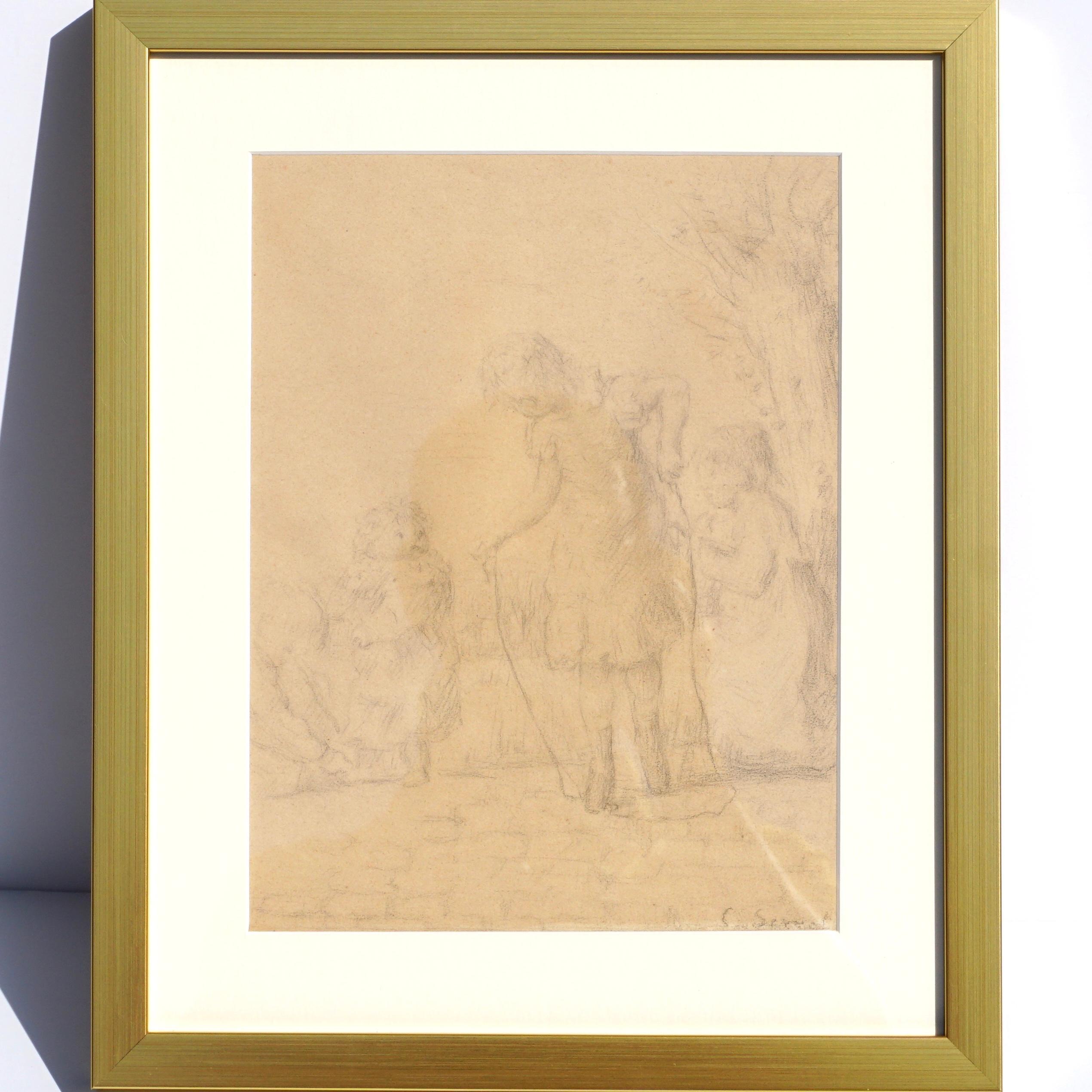 Pair (Two) of pencil drawings of children playing outside by Charles Serret, 19th century, circa 1870. Both are signed “C. Serret” Each comprising of three or four young different aged girls and boys (sisters and brothers), possibly siblings,