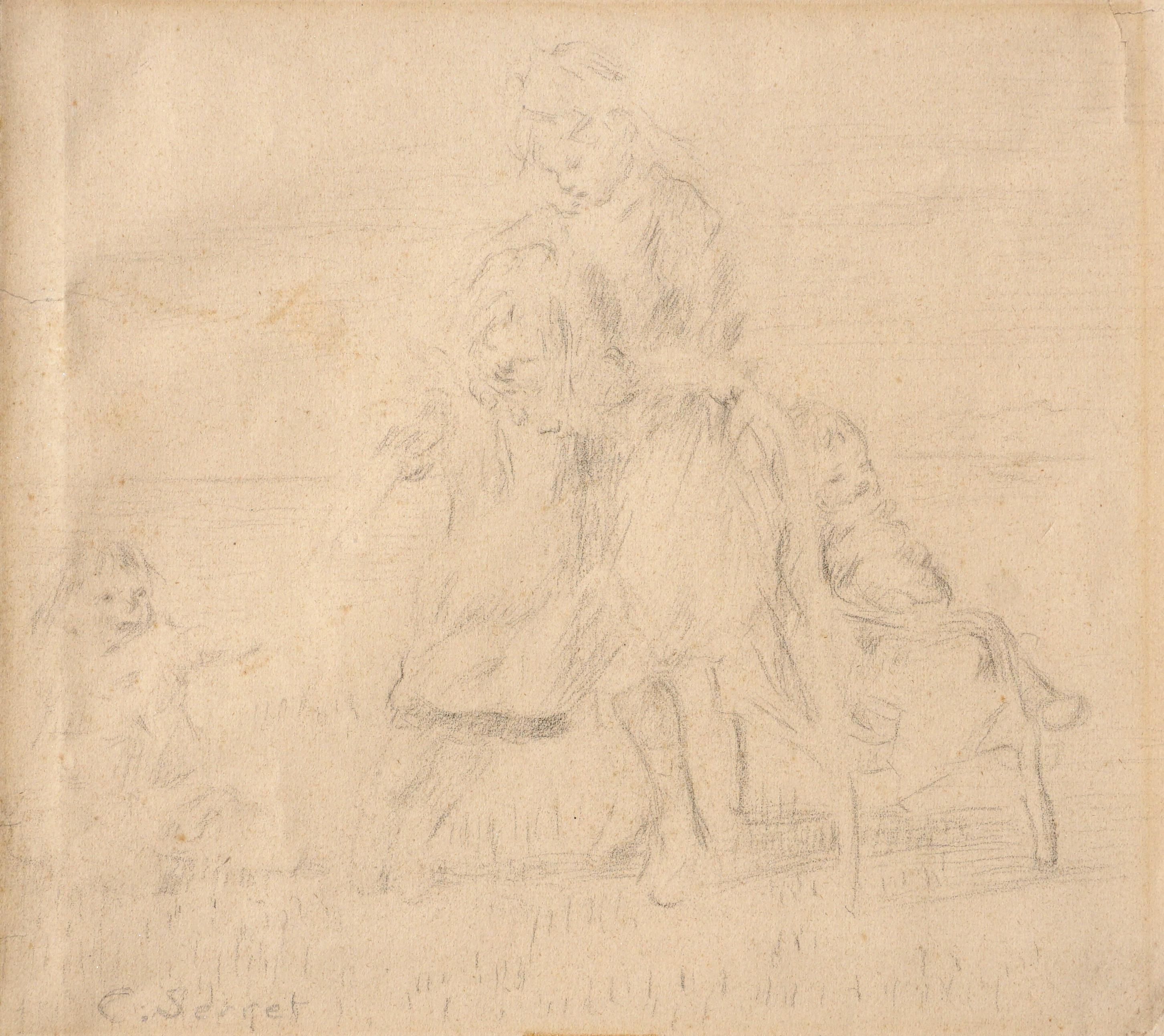 Pair (Two) of pencil drawings of children playing outside by Charles Serret, 19th century, circa 1870. Both are signed “C. Serret” Each comprising of three or four young different aged girls and boys (sisters and brothers), possibly siblings,