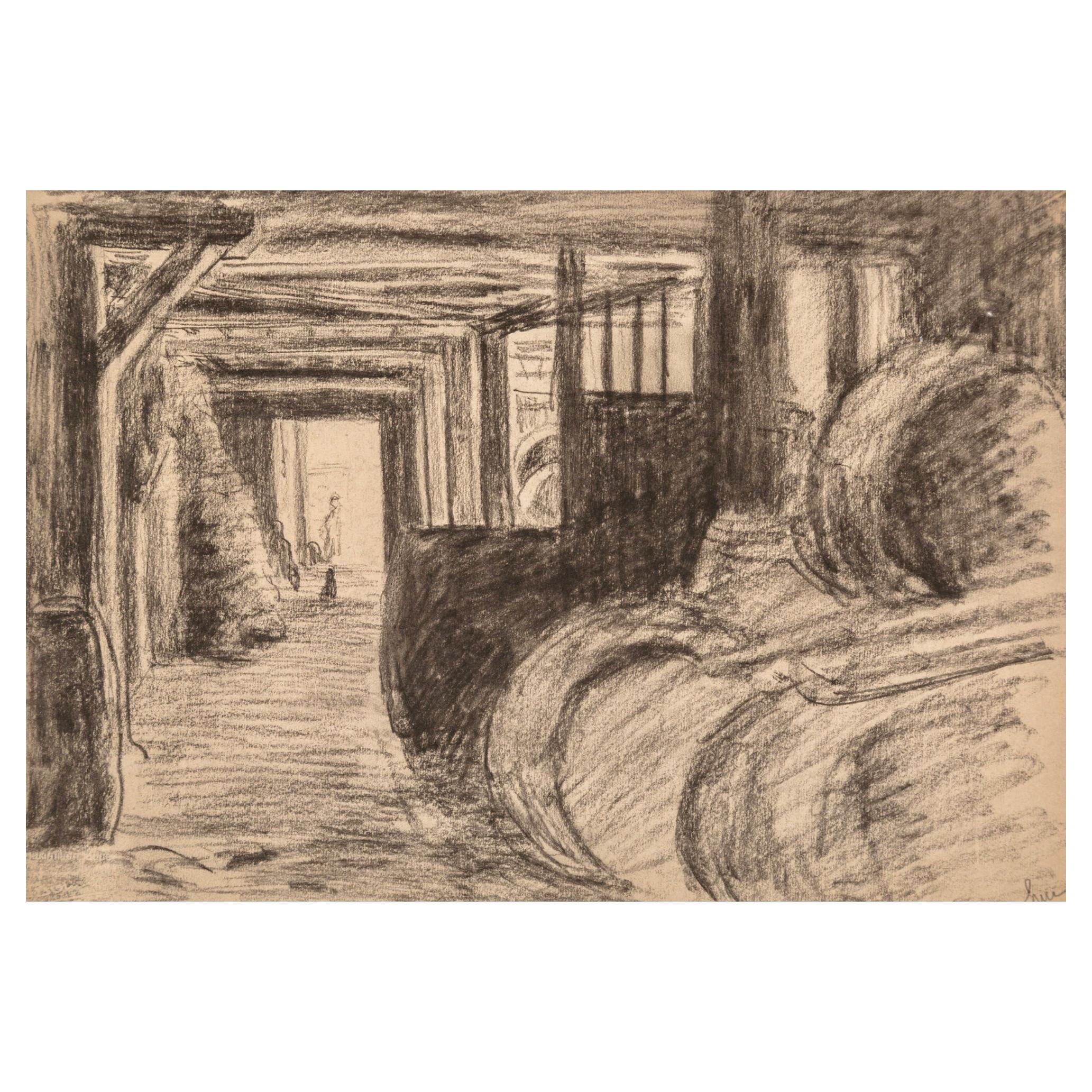 Maximilien Luce (French, 1858-1941) Pencil and charcoal drawing of a shop with goods along the coast line of northern France. A cat can be seen looking at a man far off at the entrance.

Titled: “Un magasin dans le marais”
Charcoal with graphite on