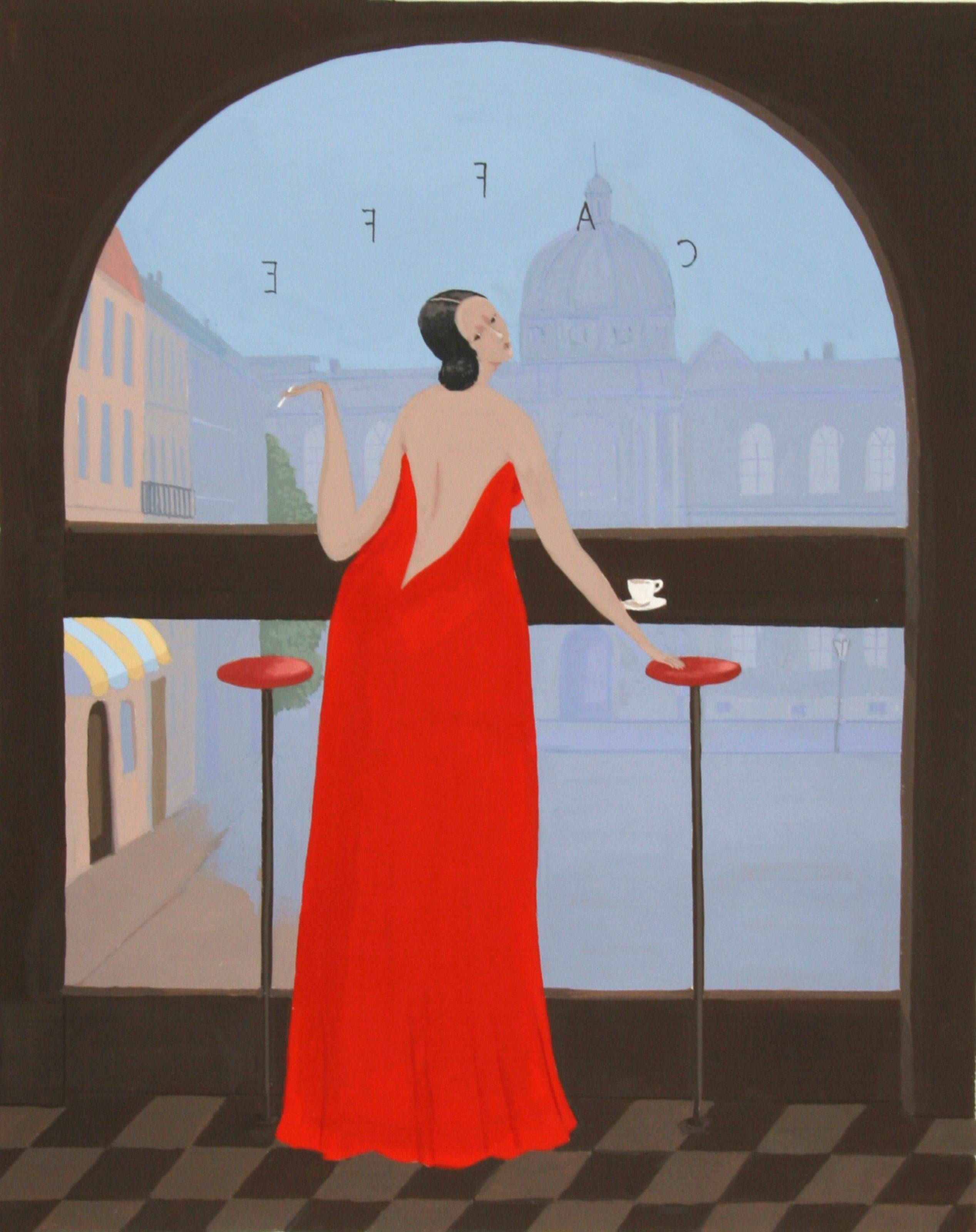 Branko Bahunek, Croatian (1935 - ) -  Caffe. Year: circa 1990, Medium: Gouache on Paper, Size: 26 in. x 20 in. (66.04 cm x 50.8 cm) 