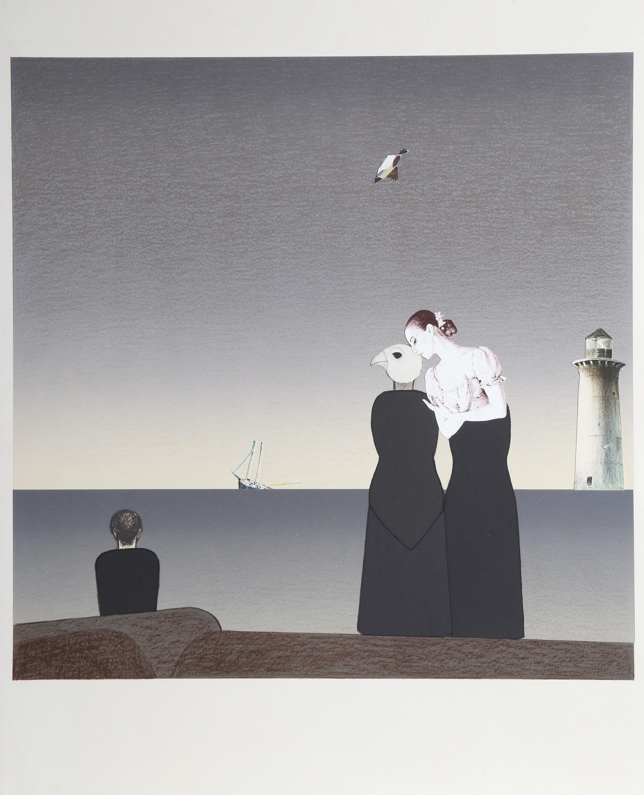 Judith Bledsoe, American (1938 - 2013) -  Peter Grimes (Will Barnet Print with Collage). Year: 1975, Medium: Lithograph with Paper Collage, Image Size: 21 x 21 inches, Size: 30 x 22 in. (76.2 x 55.88 cm), Description: Standing on a few rocky shoals