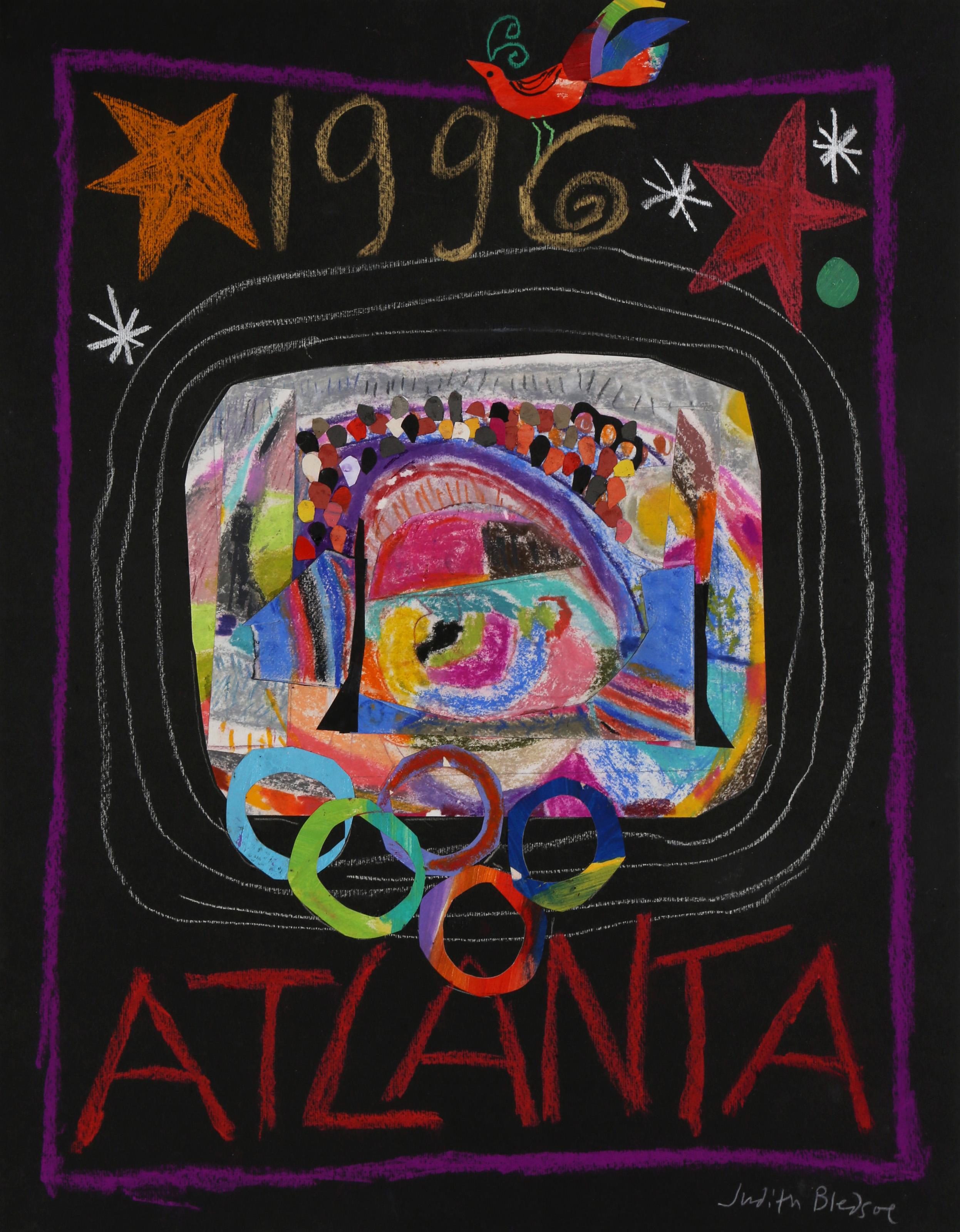 Judith Bledsoe, estadounidense (1938 - 2013) -  Estadio Olímpico de Atlanta. Año: hacia 1996, Técnica: Pastel y collage sobre papel, firmado a la derecha, Tamaño: 63,5 x 49,53 cm (25 x 19,5 pulg.), Descripción: La colorida representación de Judith