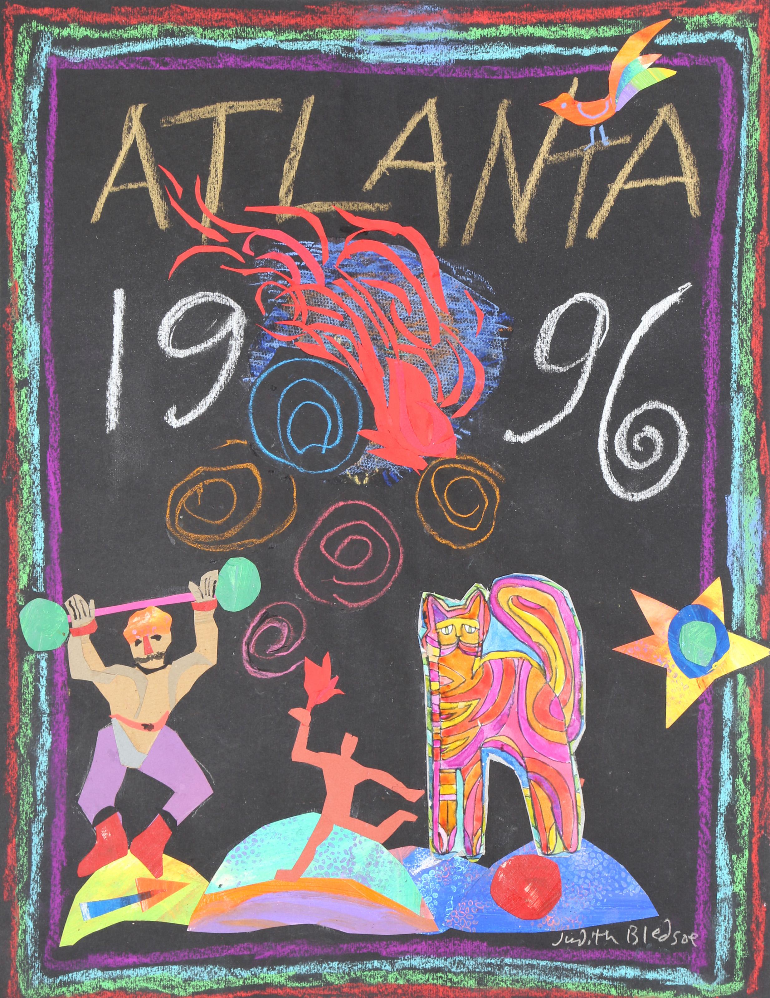 Judith Bledsoe, Amerikanerin (1938 - 2013) -  Olympische Spiele in Atlanta - Katze und Fackel. Jahr: ca. 1996, Medium: Pastell und Collage auf Papier, signiert l.r., Größe: 63,5 x 49,53 cm (25 x 19,5 in.), Beschreibung: Vor einem blassschwarzen