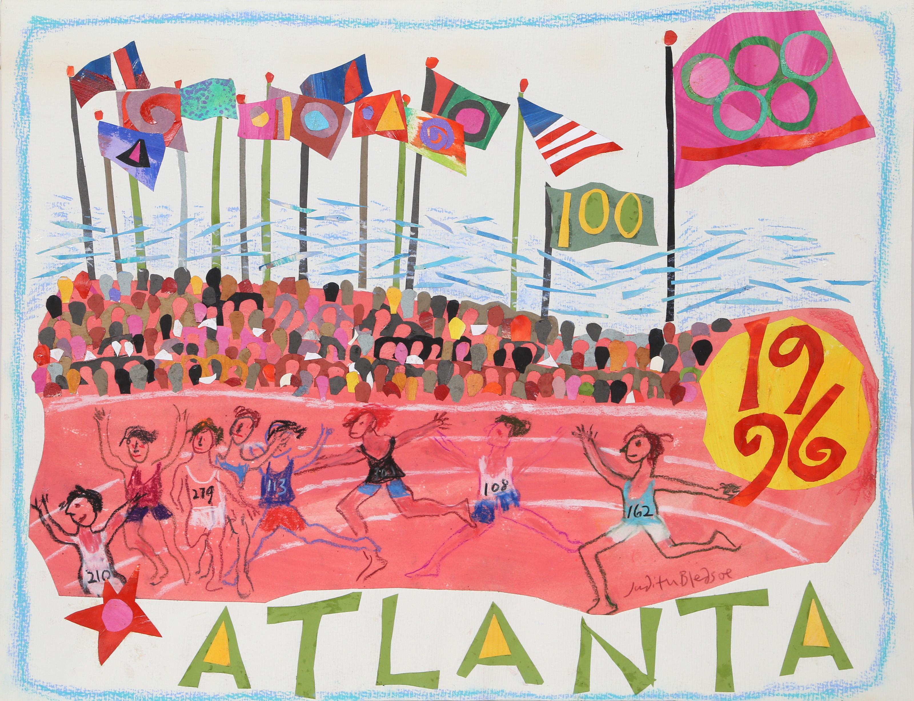 Judith Bledsoe, American (1938 - 2013) -  Atlanta Olympics - 100m Race. Year: circa 1996, Medium: Pastel and Collage on Paper, signed l.r., Size: 19.5 x 25.5 in. (49.53 x 64.77 cm), Description: Judith Bledsoe's colorful depiction of the 1996