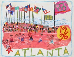 Vintage Atlanta Olympics - 100m Race, Pastel and Collage on Paper by Judith Bledsoe