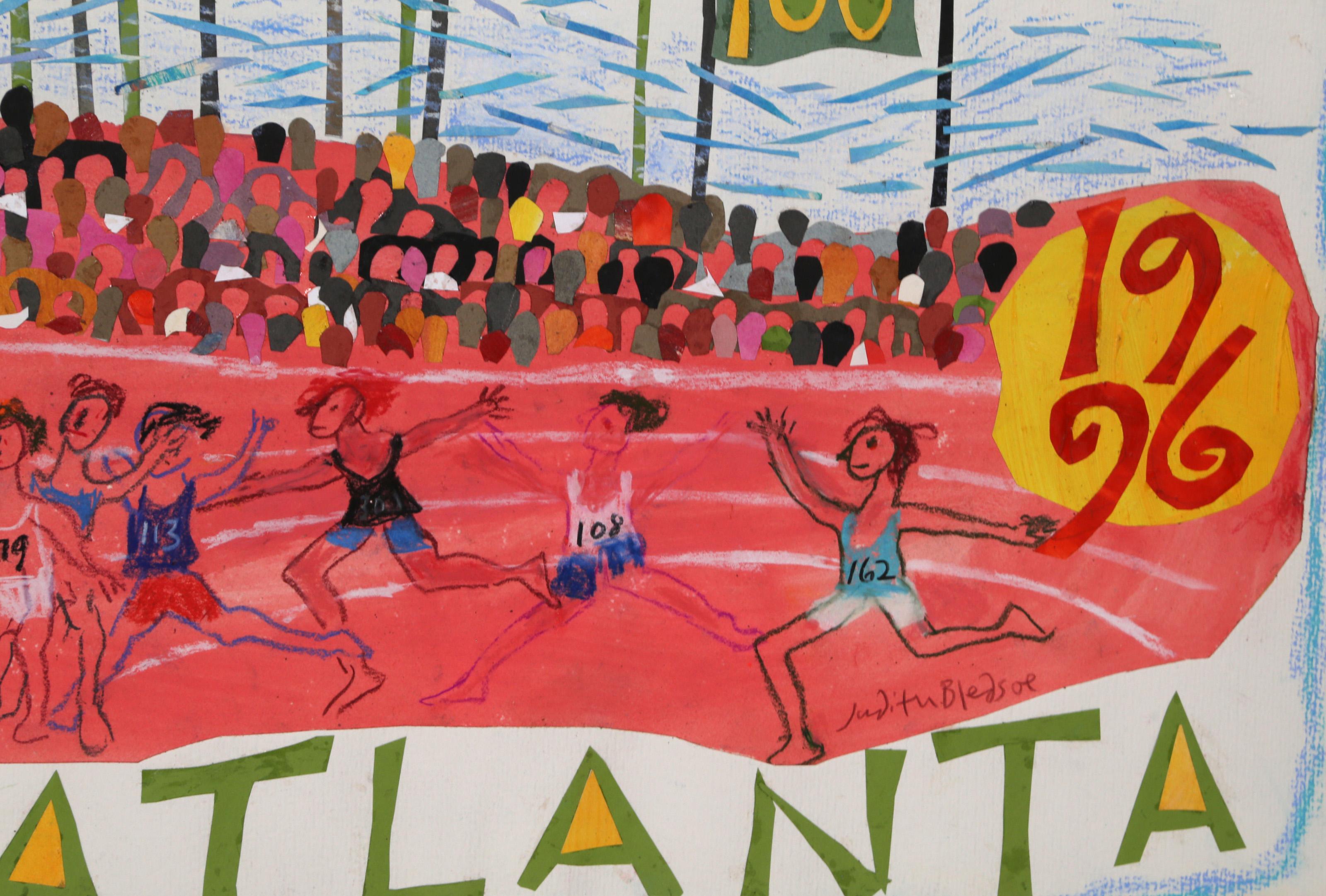 Atlanta Olympics - 100m Race, Pastel and Collage on Paper by Judith Bledsoe For Sale 1