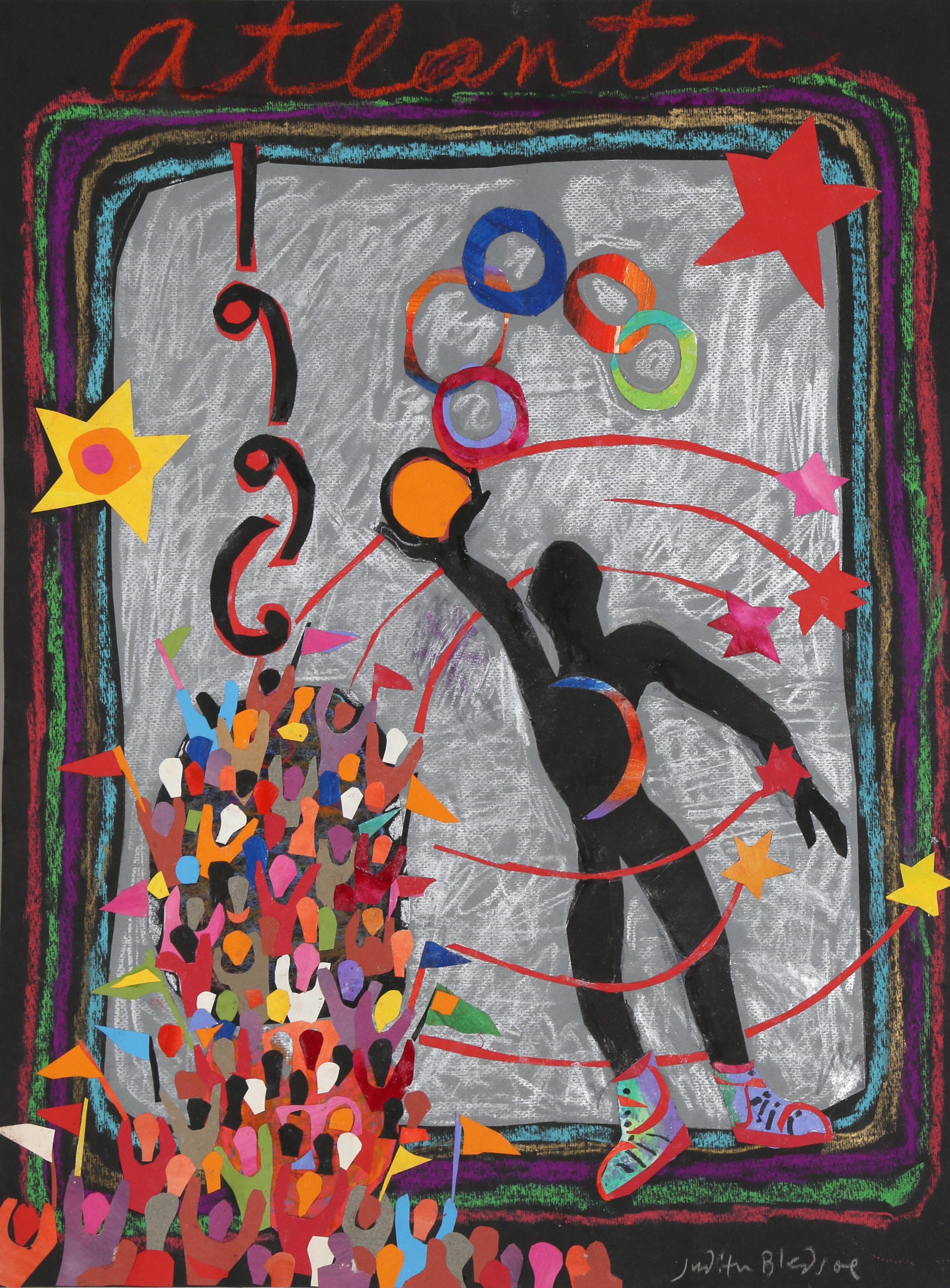 Atlanta Olympische Spiele - Sportler mit Kugel, Pastell und Collage auf Papier – Art von Judith Bledsoe