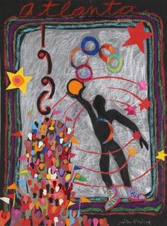Vintage Atlanta Olympics - Athlete with Ball, Pastel and Collage on Paper