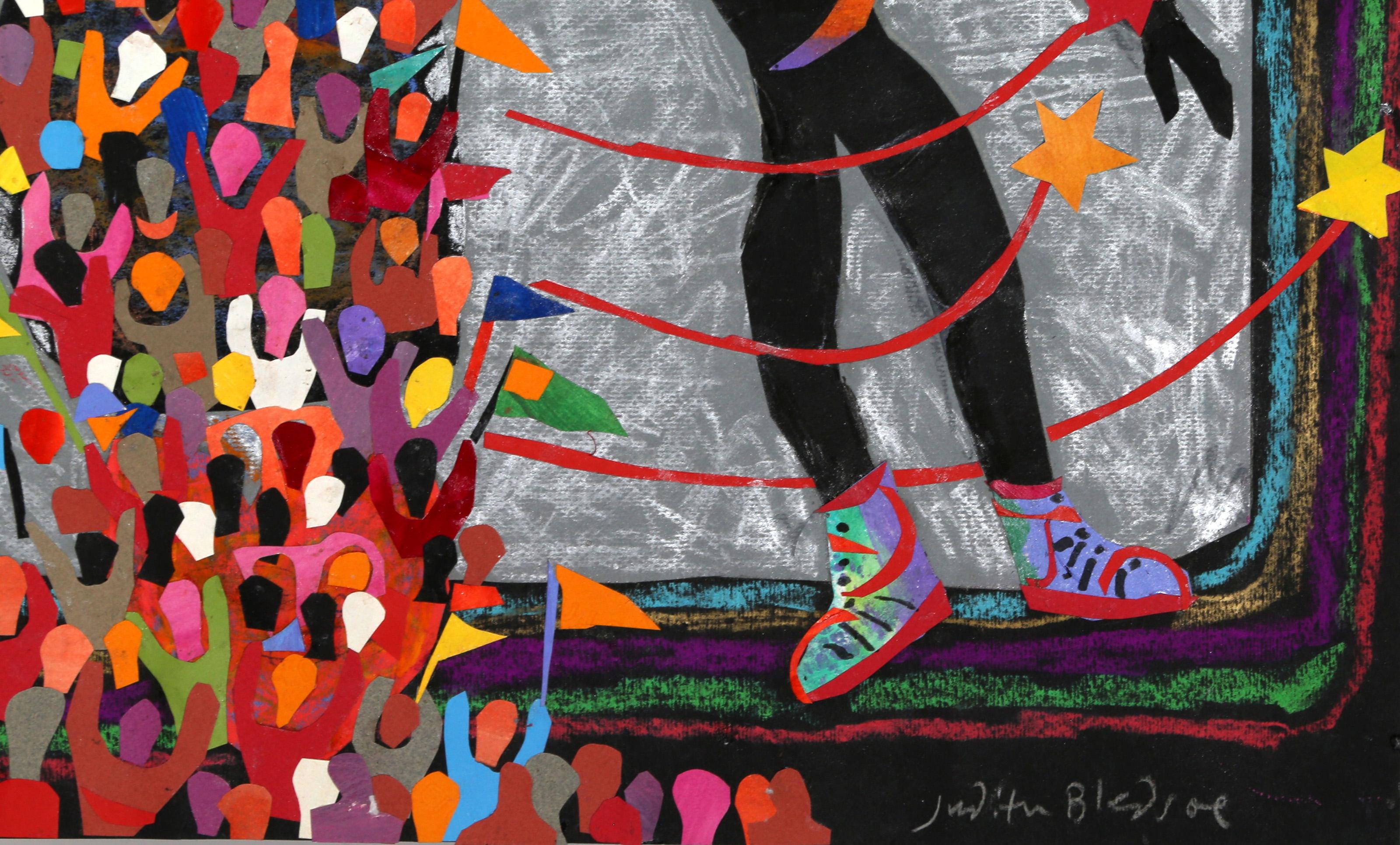 Atlanta Olympics - Athlete with Ball, Pastel and Collage on Paper - Folk Art Art by Judith Bledsoe
