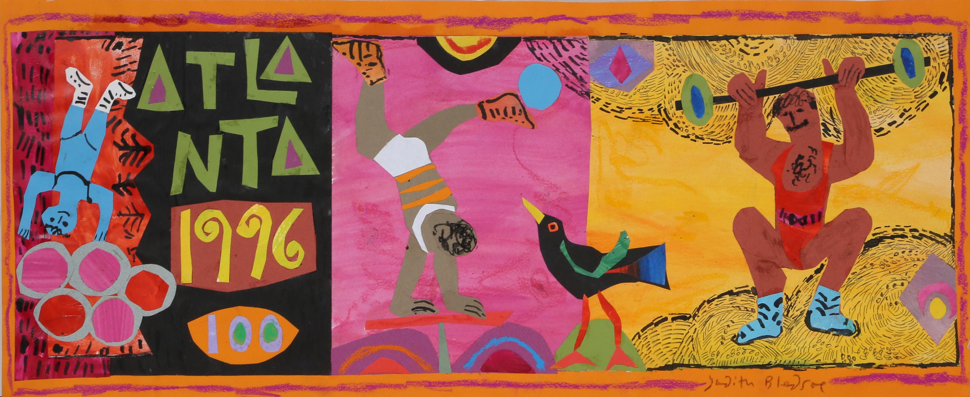 Judith Bledsoe, Amerikanerin (1938 - 2013) -  Olympische Spiele in Atlanta - Turnen und Gewichtheben. Jahr: ca. 1996, Medium: Pastell und Collage auf Papier, signiert l.r., Größe: 26,67 x 64,77 cm (10,5 x 25,5 in.), Beschreibung: Judith Bledsoes