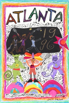 Atlantic Olympics - Tennis with Cats, pastel et collage sur papier