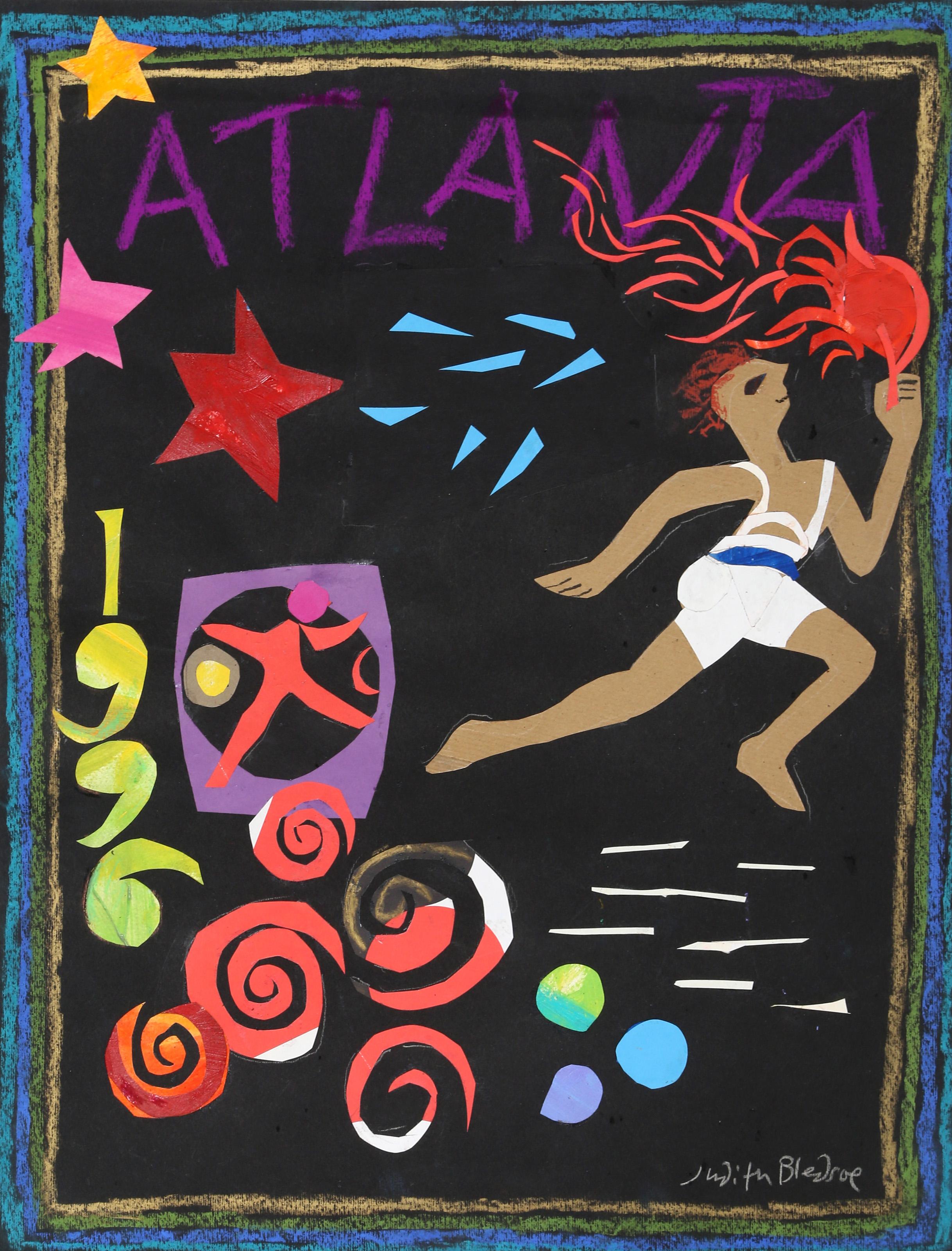 Atlanta Olympische Spiele - Läufer mit Fackel, Volkskunst-Pastell und Collage auf Papier – Art von Judith Bledsoe