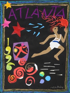 Atlanta Olympics - Runner with Torch, Pastel and Collage on Paper