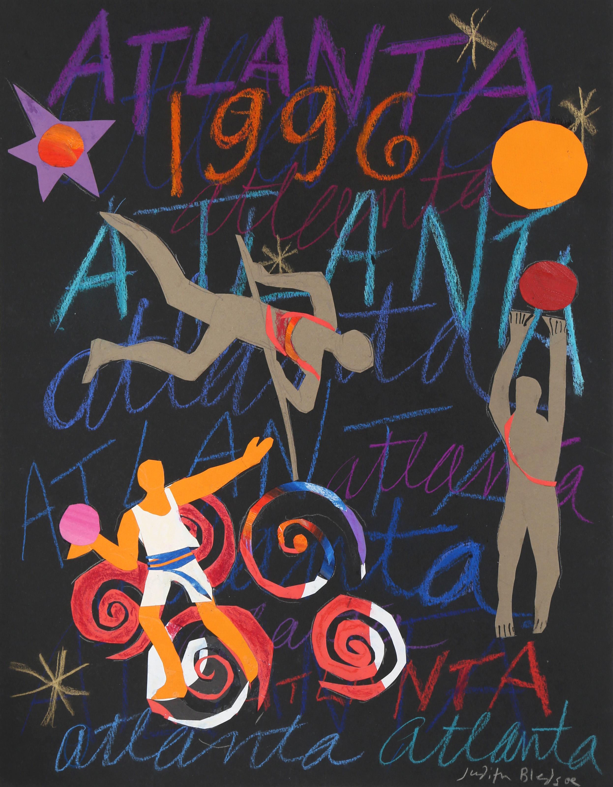 Atlanta Olympische Spiele - Track and Field, Pastell und Collage auf Papier – Art von Judith Bledsoe