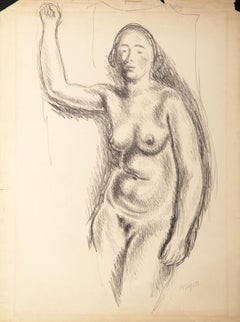 Vintage Female Nude, Graphite Drawing on Paper by Moses Soyer