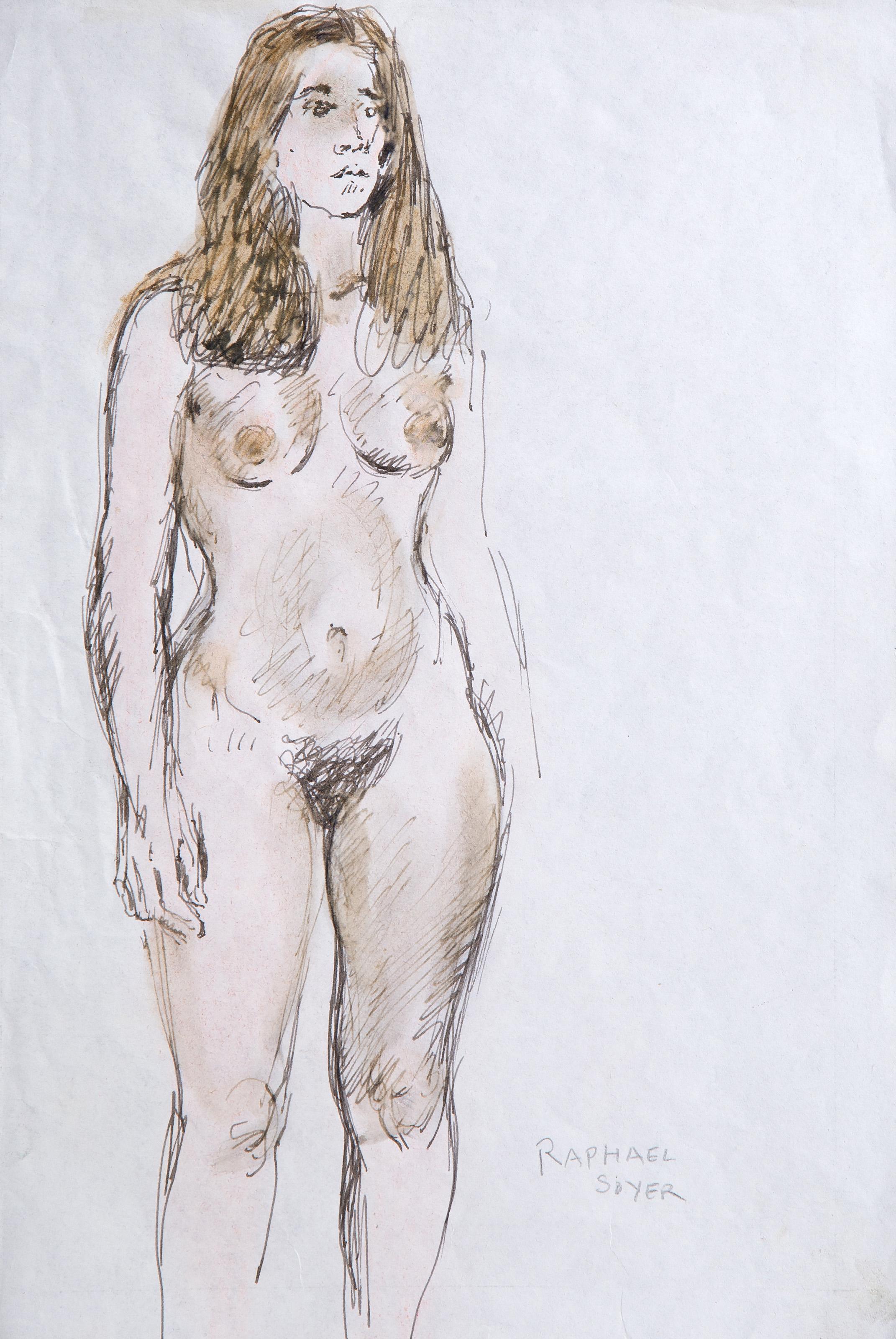 Raphael Soyer, Russian/American (1899 - 1987) -  Nude Study I. Medium: Ink and Watercolor, signed in pencil, Size: 11.5 x 8 in. (29.21 x 20.32 cm) 