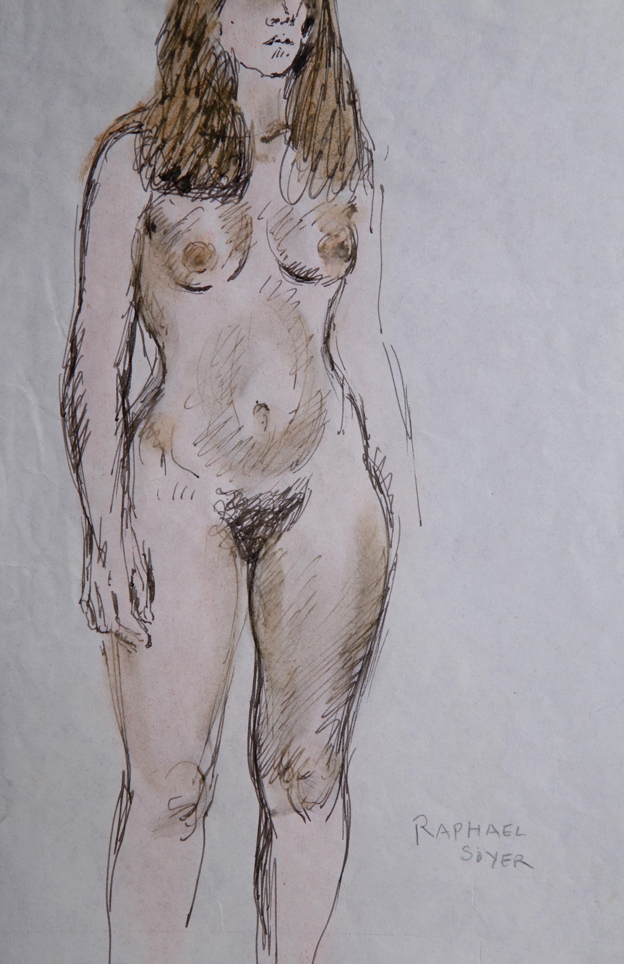 Nude Study I, Ink and Watercolor by Raphael Soyer For Sale 3