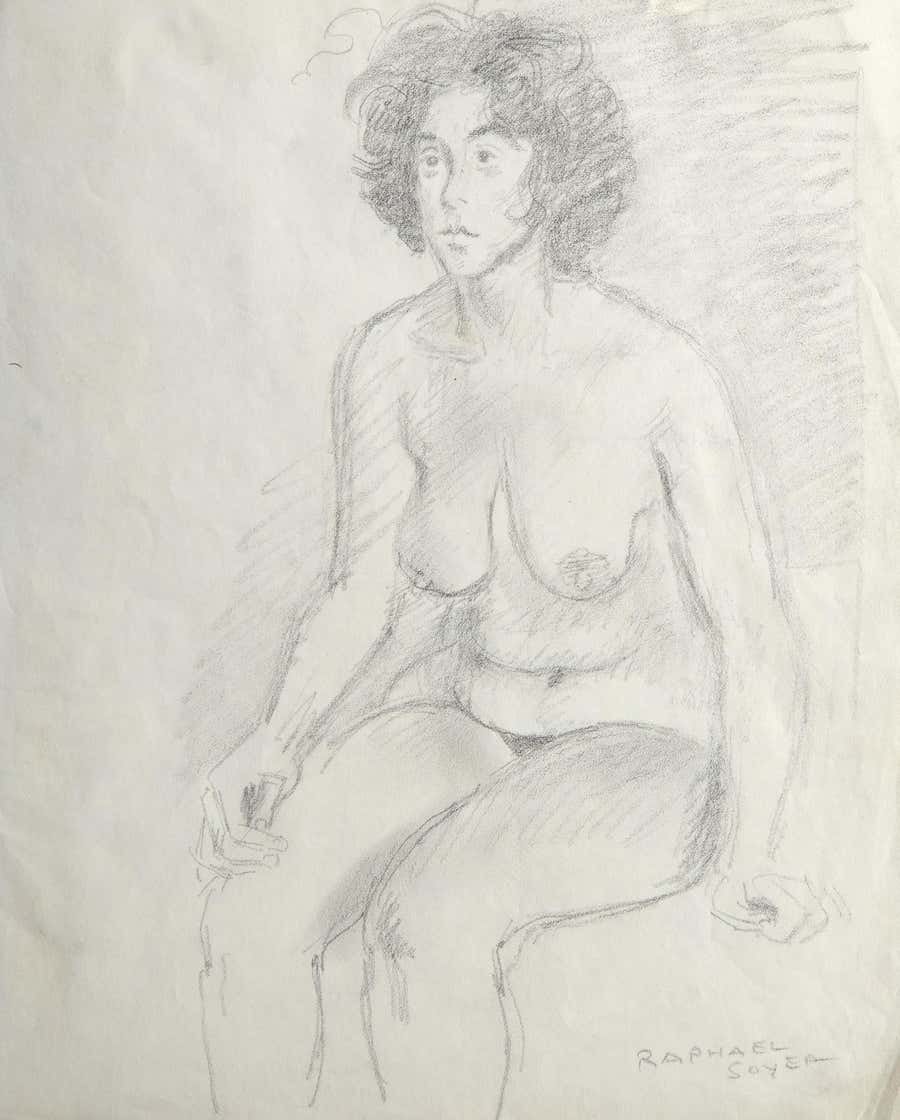 Sitting Woman, Modern Nude Graphite on Paper Portrait by Raphael Soyer