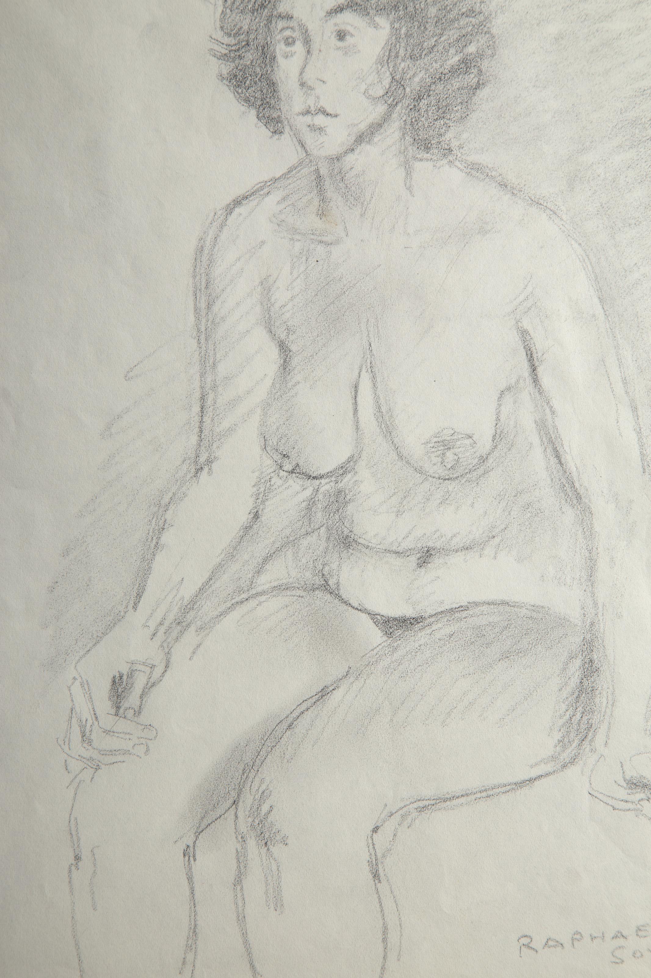 Femme assise, portrait moderne d'une nue graphite sur papier de Raphael Soyer en vente 2