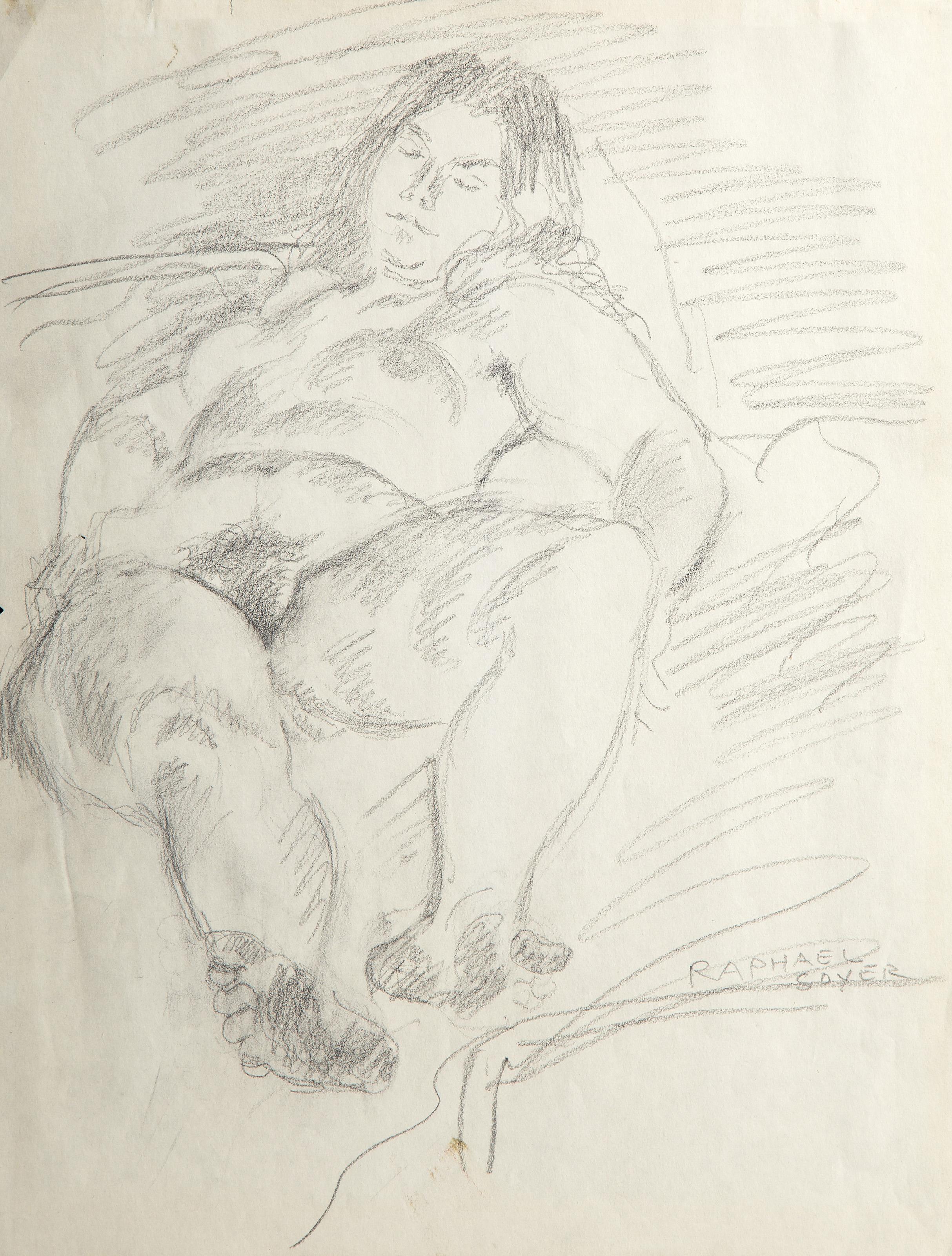 Sleeping Woman, Modern Graphite Drawing on Paper by Raphael Soyer