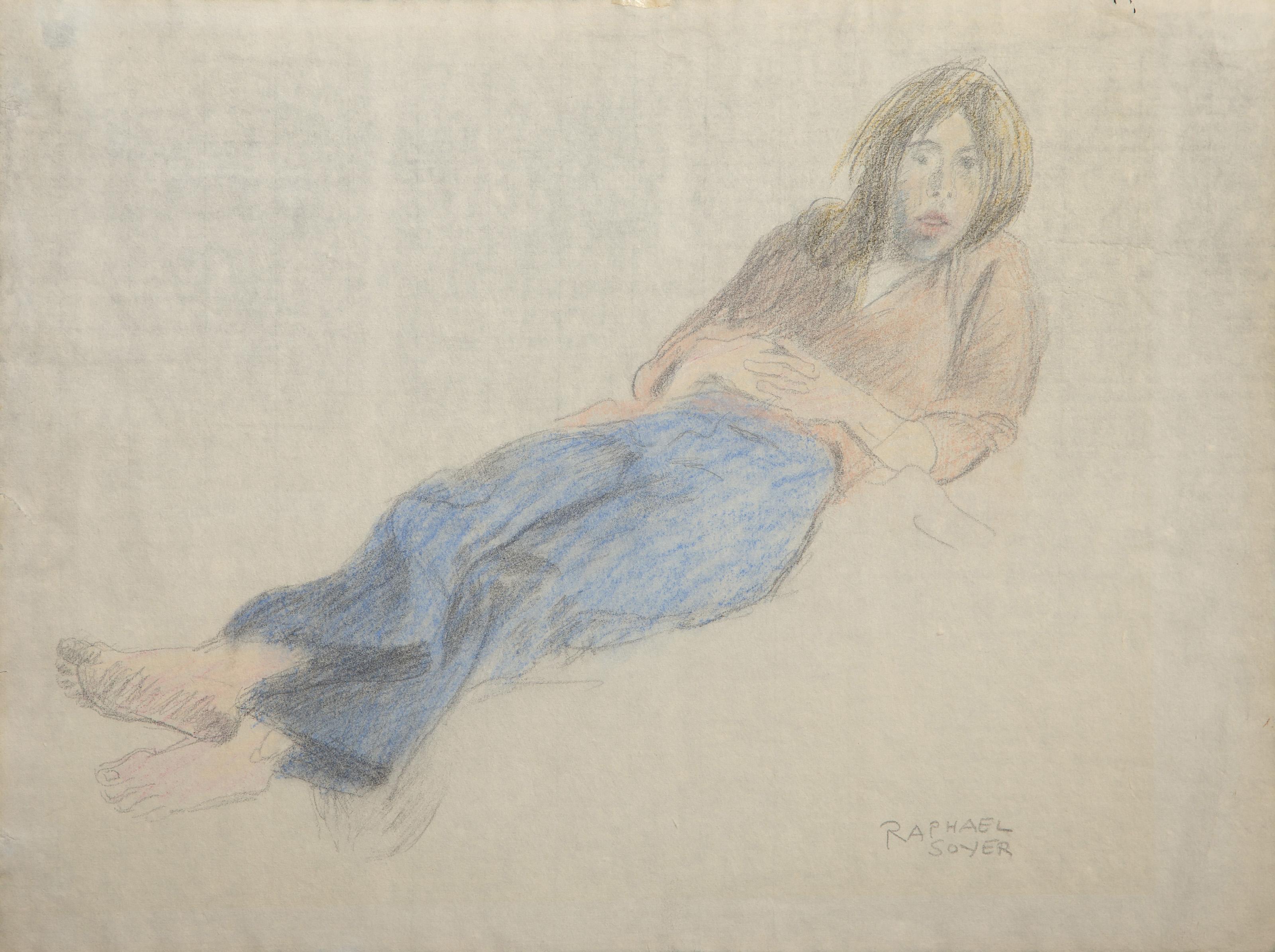 Raphael Soyer, Russian/American (1899 - 1987) -  Lounging Figure. Medium: Graphite and Pastel on Paper, signed in pencil, Size: 16.5 x 22 in. (41.91 x 55.88 cm) 