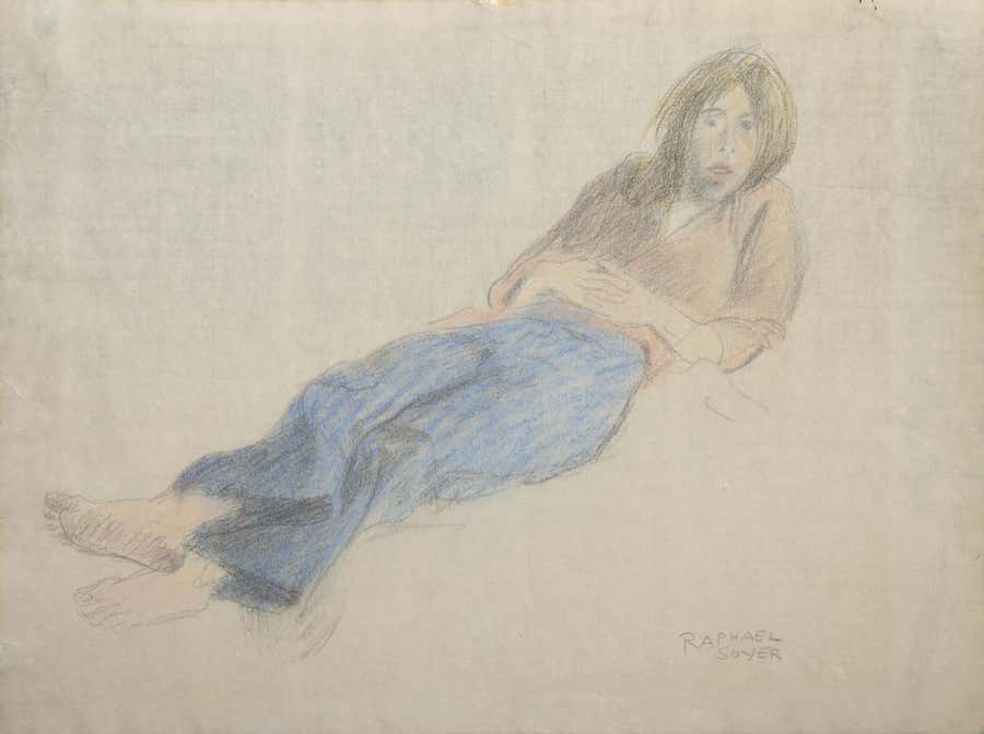 Lounging Figure, Graphite and Pastel on Paper Drawing by Raphael Soyer