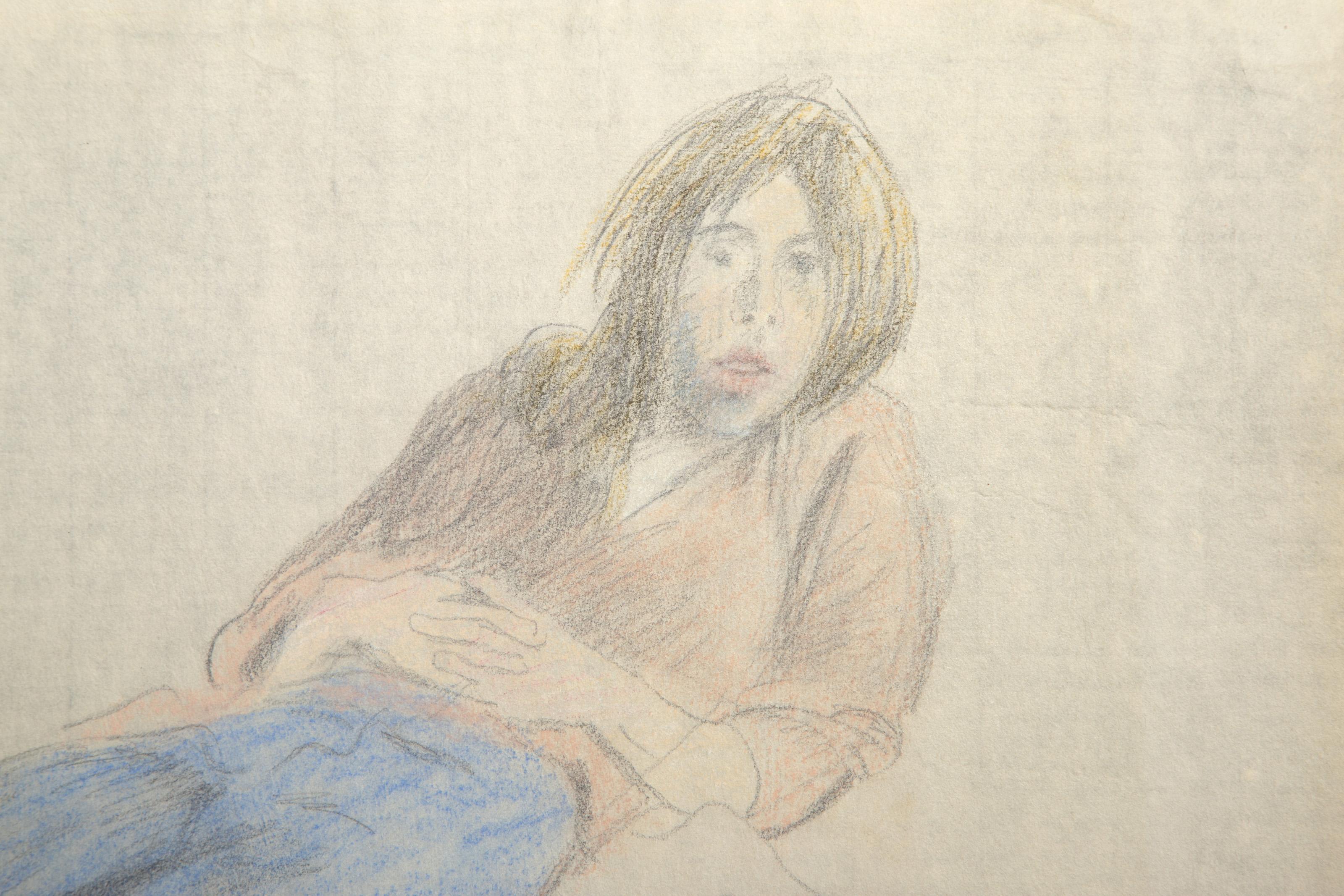Lounging Figure, Graphite and Pastel on Paper Drawing by Raphael Soyer For Sale 1