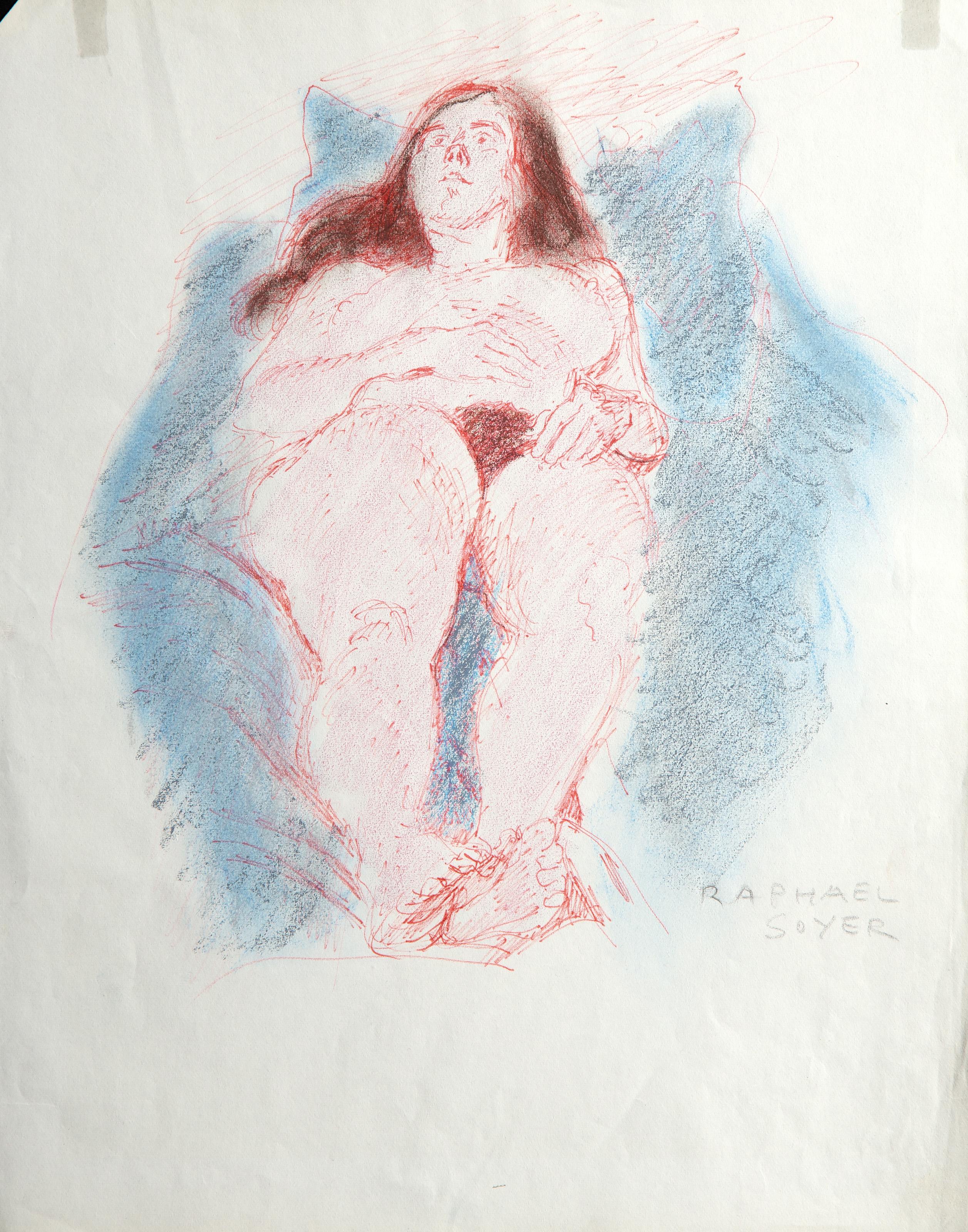 Reclining Nude in Blue, Modern Ink and Pastel on Paper by Raphael Soyer