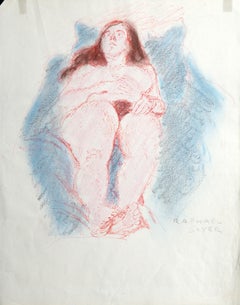Reclining Nude in Blue, Ink and Pastel on Paper by Raphael Soyer