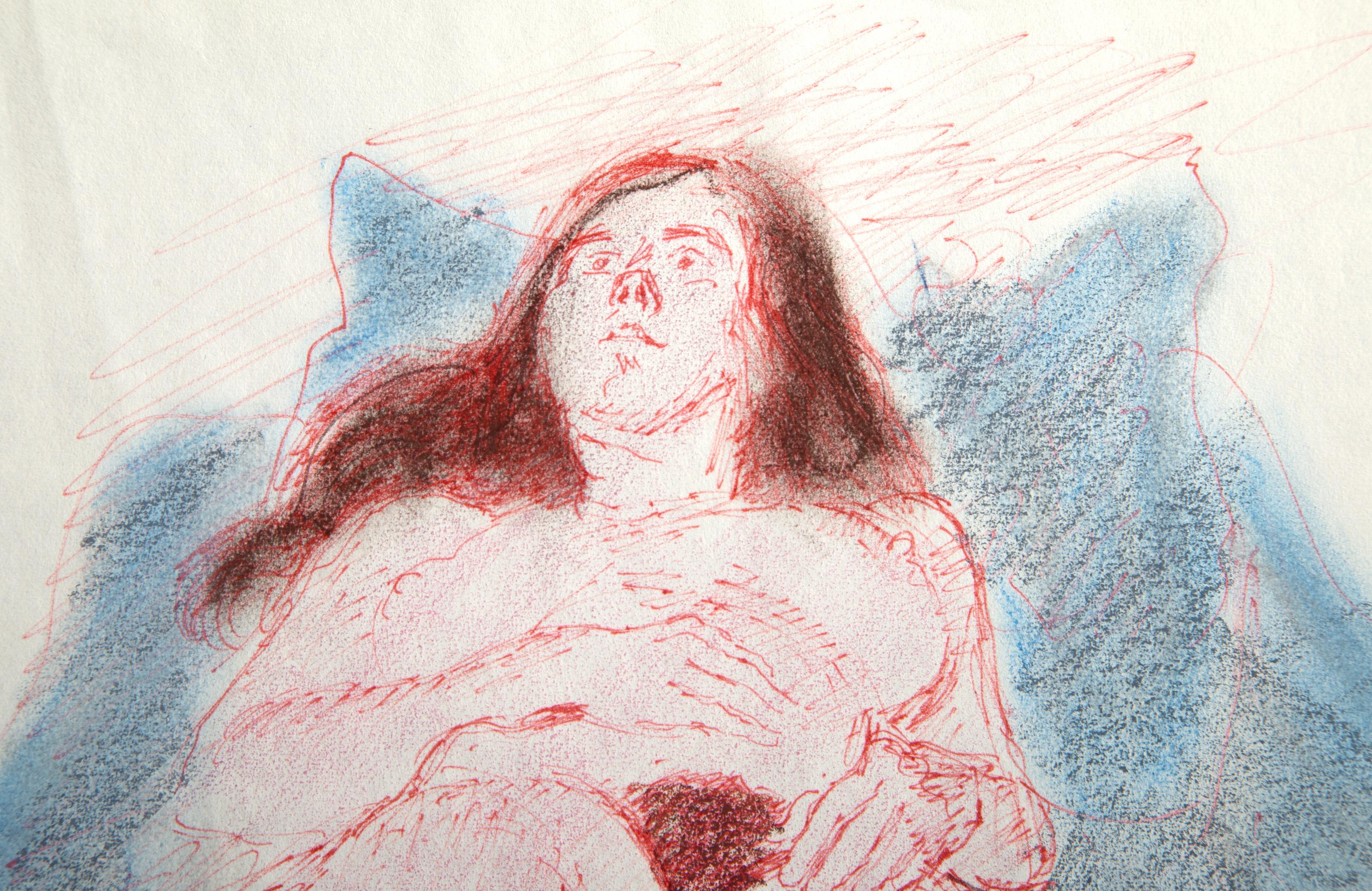 Reclining Nude in Blue, Modern Ink and Pastel on Paper by Raphael Soyer For Sale 1