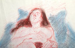 Rechteckiger Akt in Blau, moderne Tinte und Pastell auf Papier von Raphael Soyer