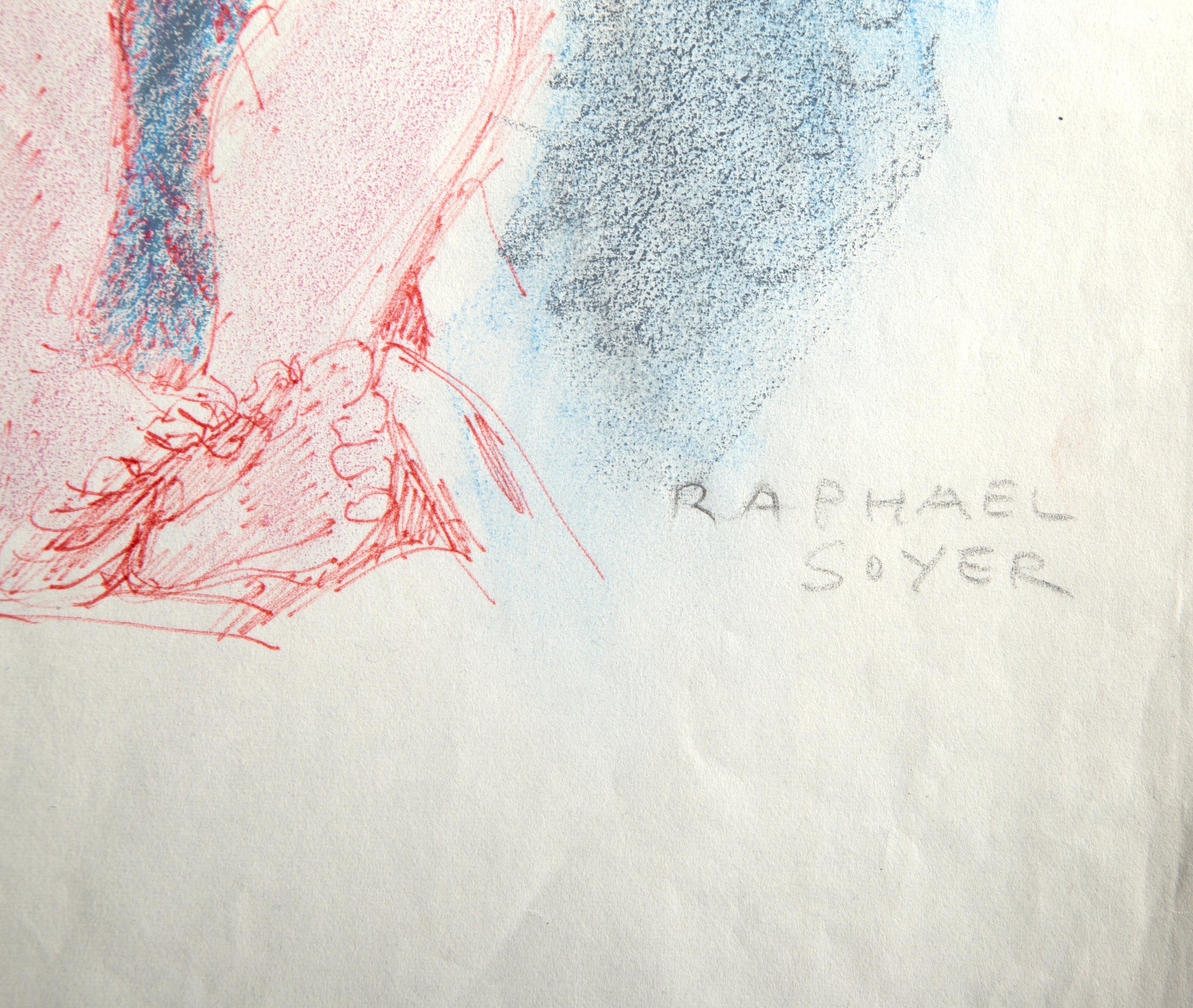 Reclining Nude in Blue, Modern Ink and Pastel on Paper by Raphael Soyer For Sale 3