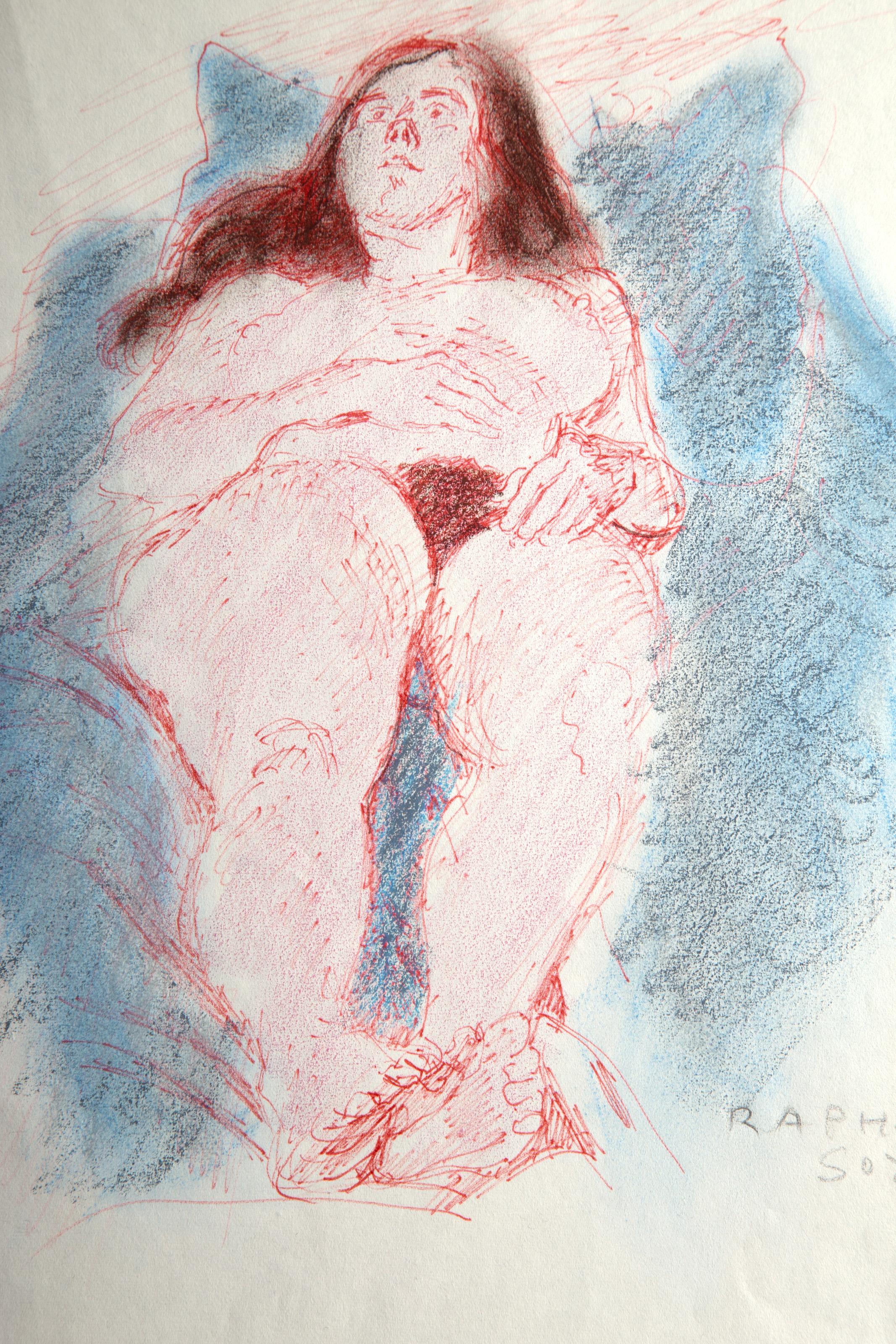Reclining Nude in Blue, Modern Ink and Pastel on Paper by Raphael Soyer For Sale 2