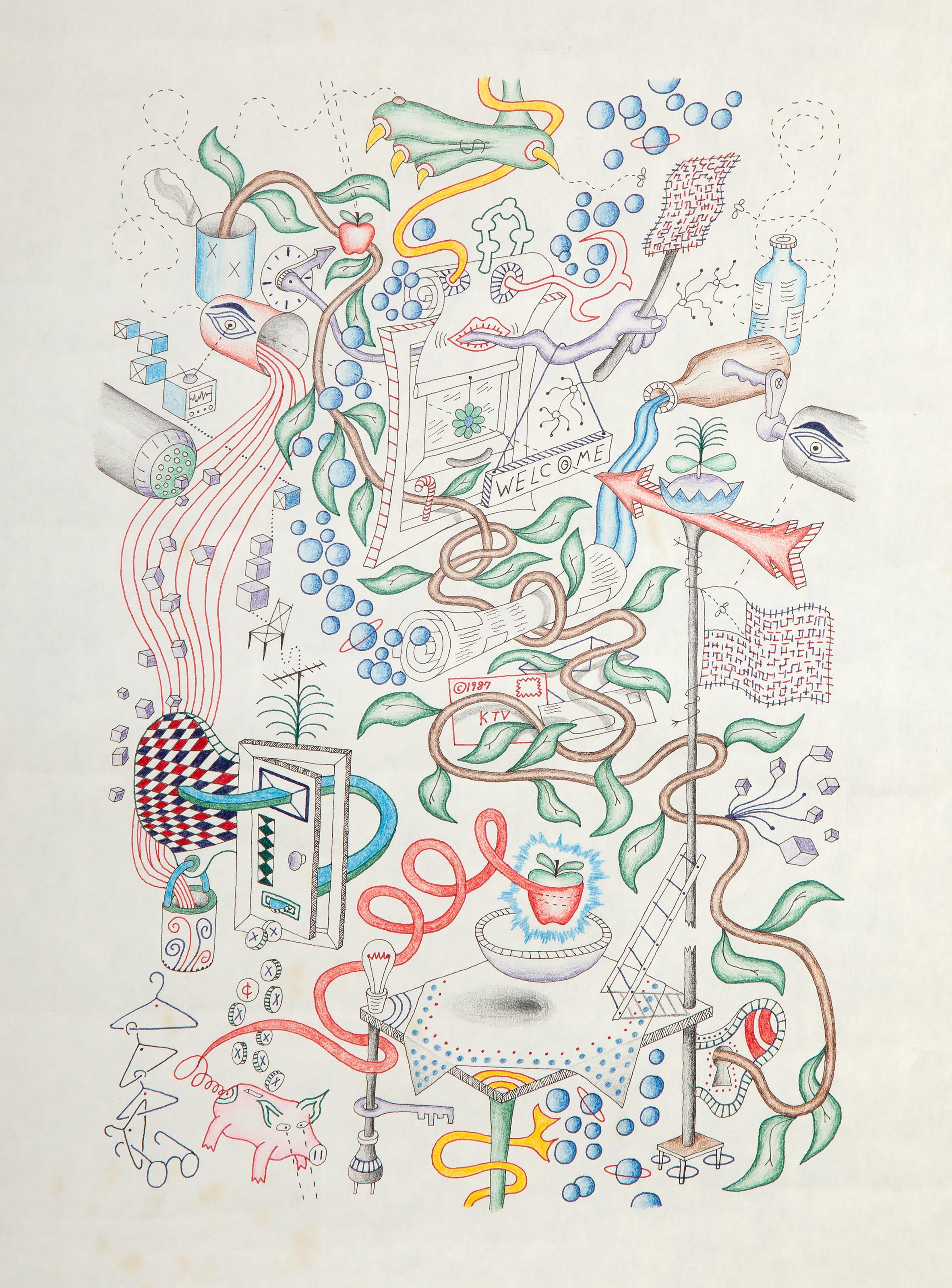 Kevin Varner, American (1954 - 2019) -  Recycled Foot is Brought to You by The Committee to Save Animal Fat. Year: 1987, Medium: Color Pencil and Ink on Paper, signed and dated, titled on verso, Image Size: 10.5 x 21 inches, Size: 18 x 23.75 in.