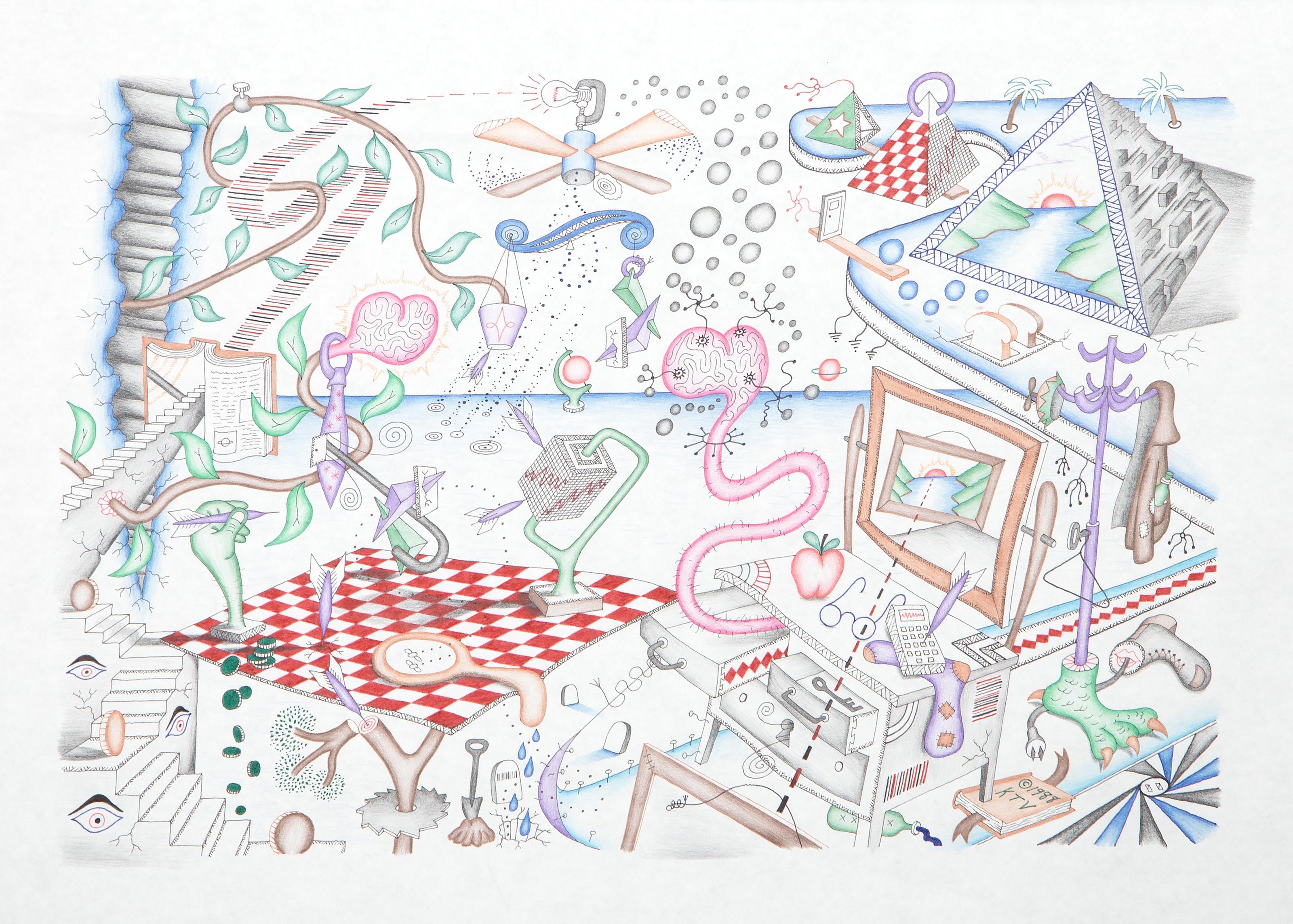 Kevin Varner, American (1954 - 2019) -  The Discovery of Superconductive Trapdoor Economics. Year: 1988, Medium: Color Pencil and Ink on Paper, signed and dated, titled on verso, Image Size: 12 x 18 inches, Size: 18 x 24 in. (45.72 x 60.96 cm) 