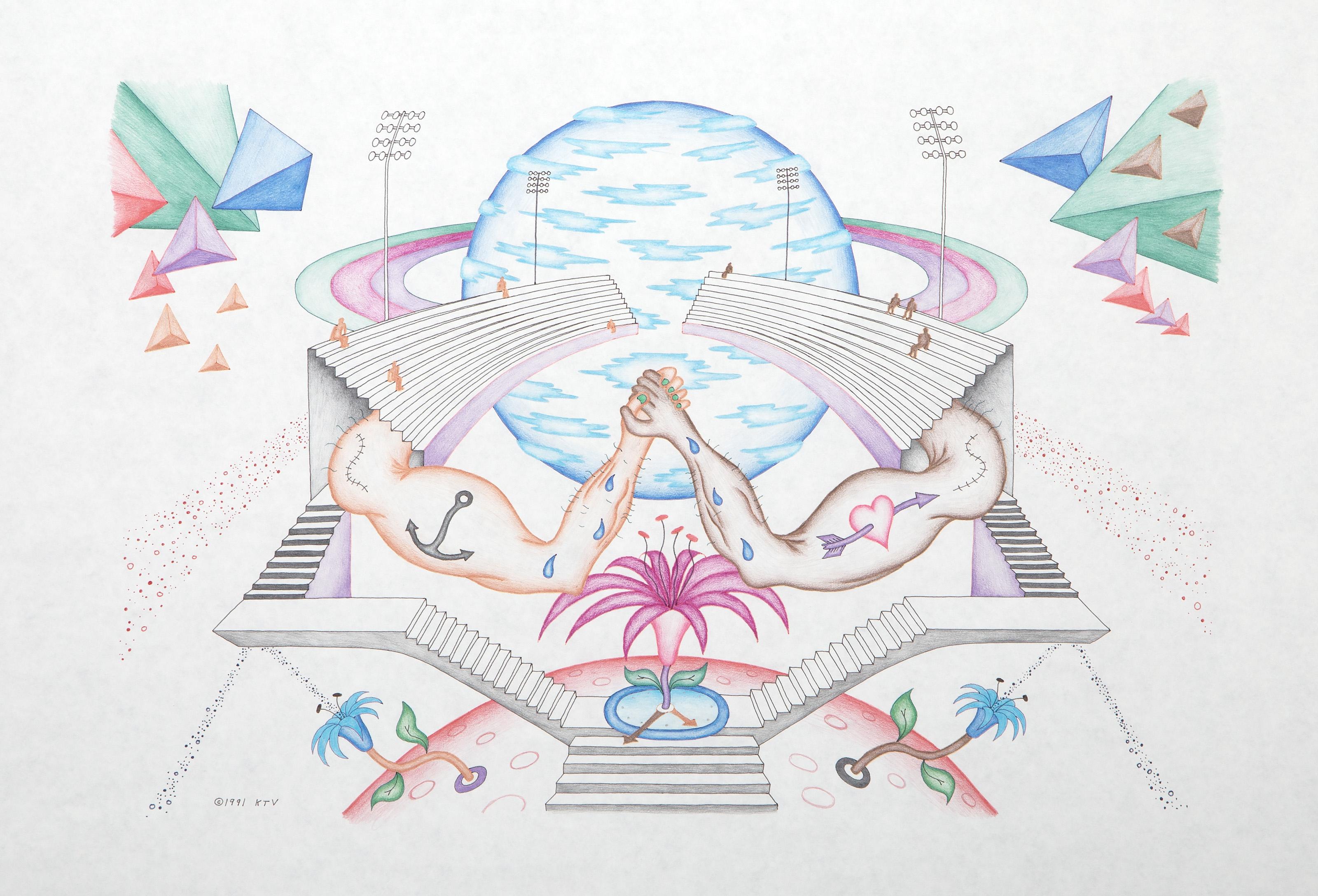 Kevin Varner, American (1954 - 2019) -  The Interplanetary Stadium. Year: 1991, Medium: Color Pencil and Ink on Paper, signed and dated, titled on verso, Image Size: 10.5 x 21 inches, Size: 18 x 23.75 in. (45.72 x 60.33 cm) 