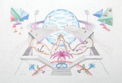 Vintage The Interplanetary Stadium, Color Pencil and Ink on Paper by Kevin Varner