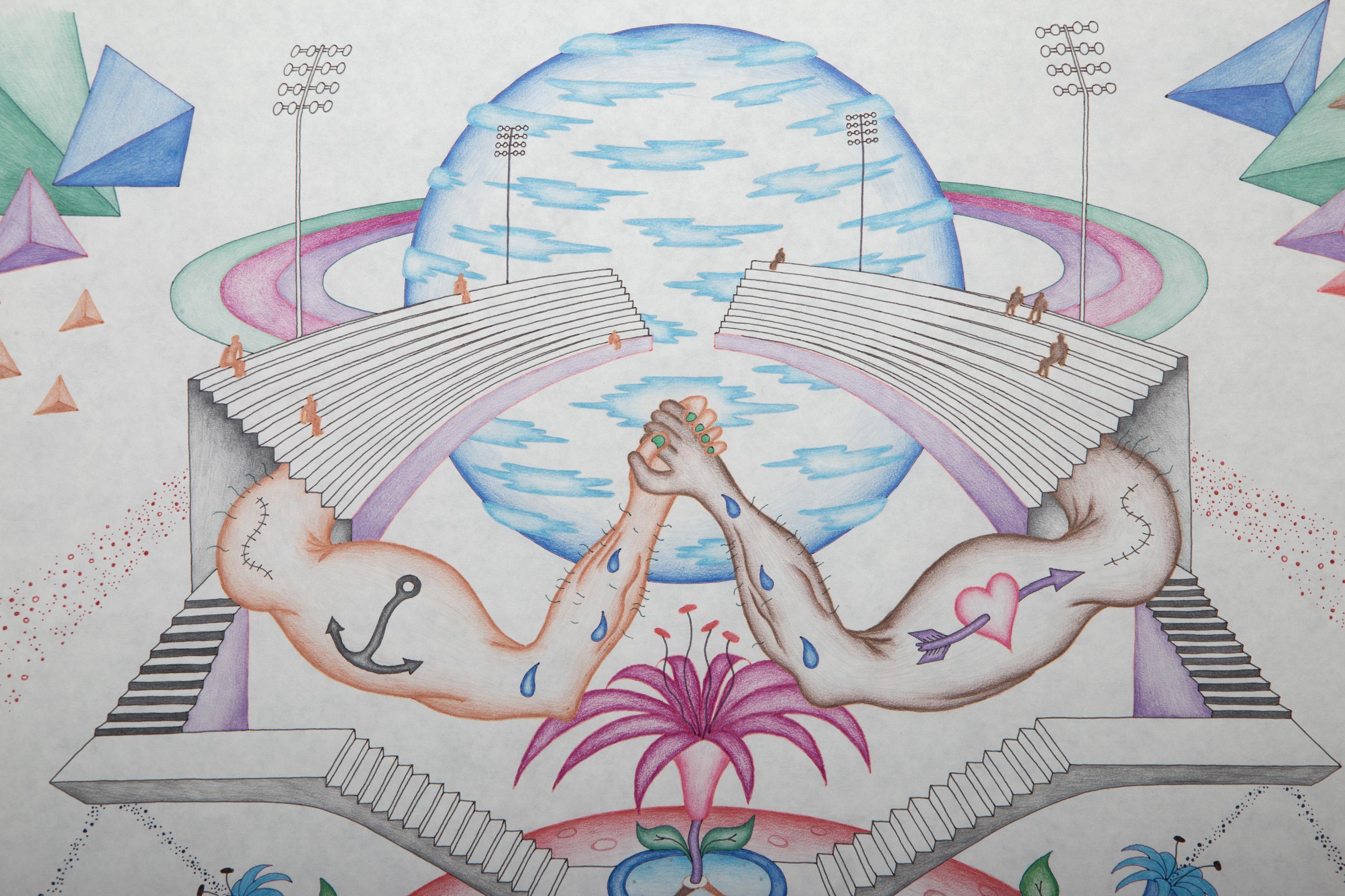 The Interplanetary Stadium, Color Pencil and Ink on Paper by Kevin Varner For Sale 1