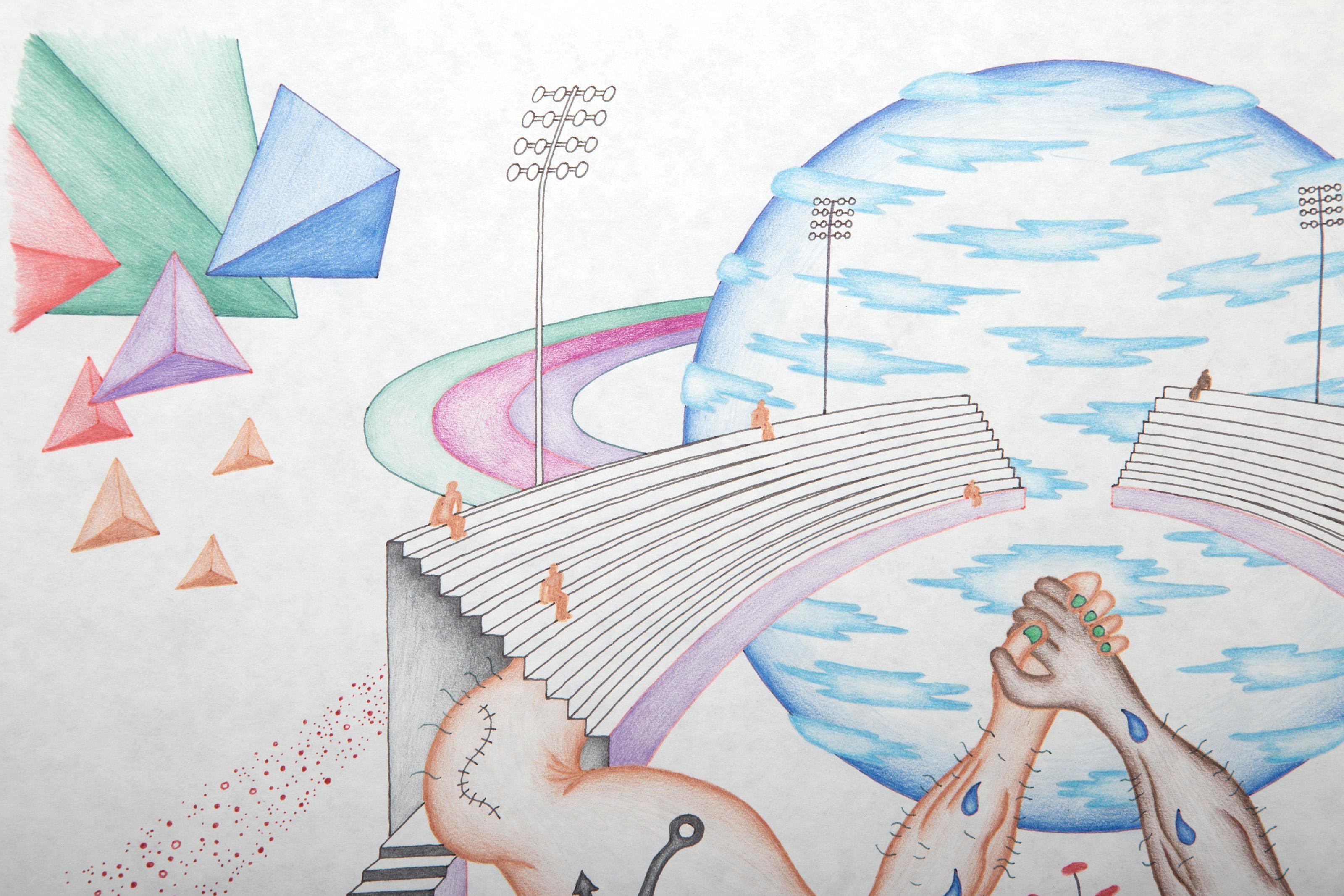 The Interplanetary Stadium, Color Pencil and Ink on Paper by Kevin Varner For Sale 2